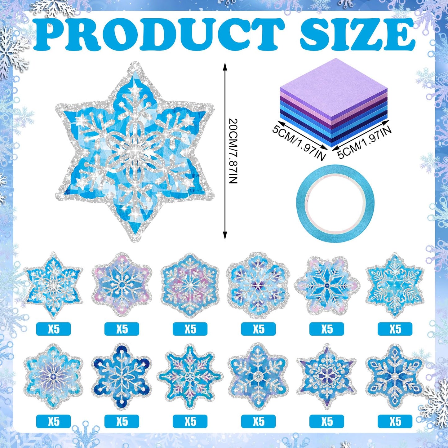 DoubleFill 60 Sets Snowflakes Suncatchers Kit Bulk Winter Snowflakes Tissue Paper Make Your Own Snowflake Stained Glass Ornament for Window Xmas Decoration