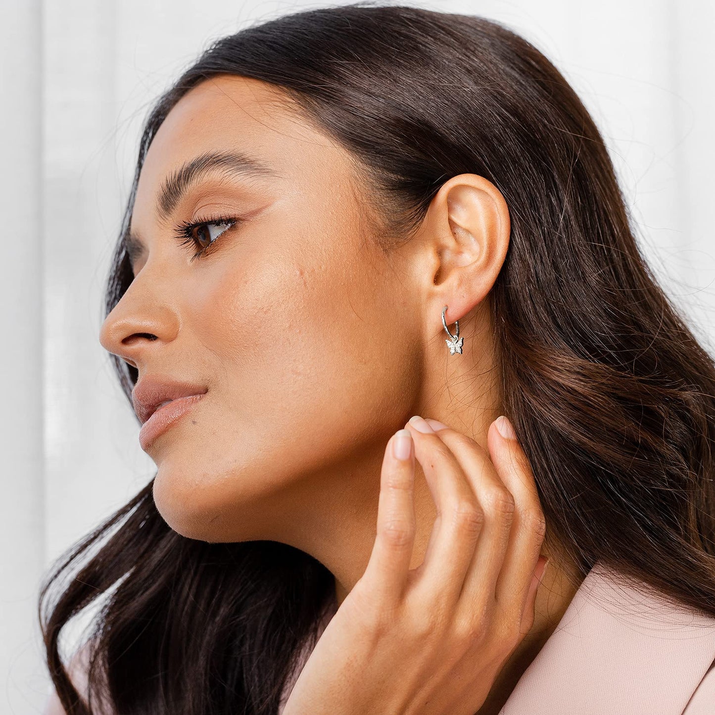 PAVOI Rhodium Plated 925 Sterling Silver Post Cute Dangle Huggie Hoop Earrings For Women - Trendy Butterfly Open Hoop Earrings - Small Hinged Hammered Huggies