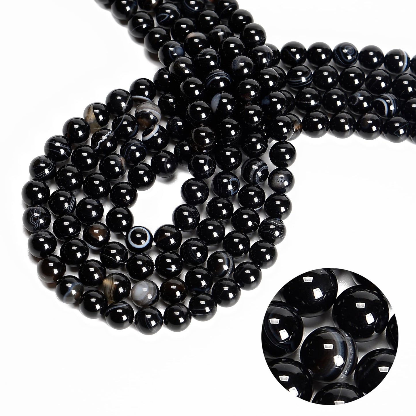 48Pcs 8mm Black Striped Agate Natural Round Loose Real Stone Beads Gemstone Genuine for DIY Hand Made Craft Jewelry Bracelet Earring Necklace String Making Energy Healing Power
