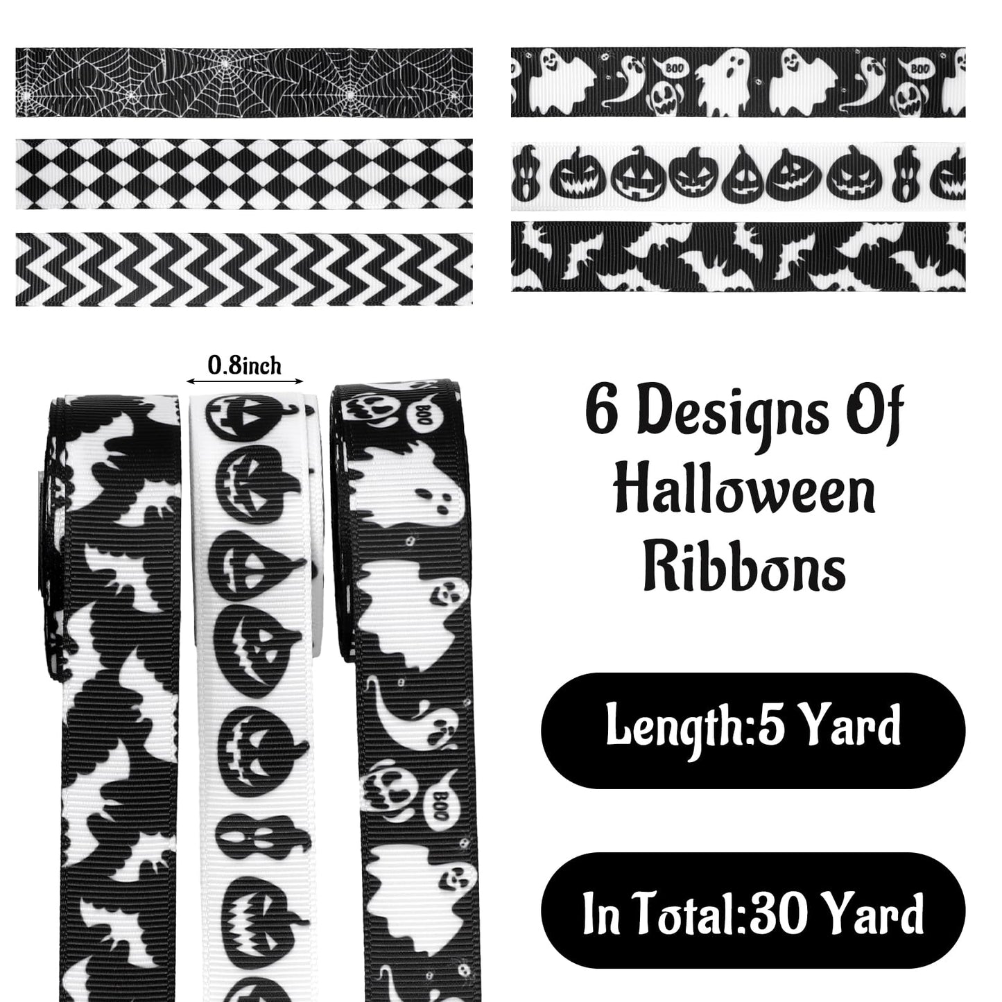 Whaline 6 Rolls Halloween Wired Edge Ribbon Spiderweb Ghost Pumpkin Fabric Ribbon Black White Wrapping Ribbons for DIY Crafts Wreath Bow Making Supplies, 30 Yard