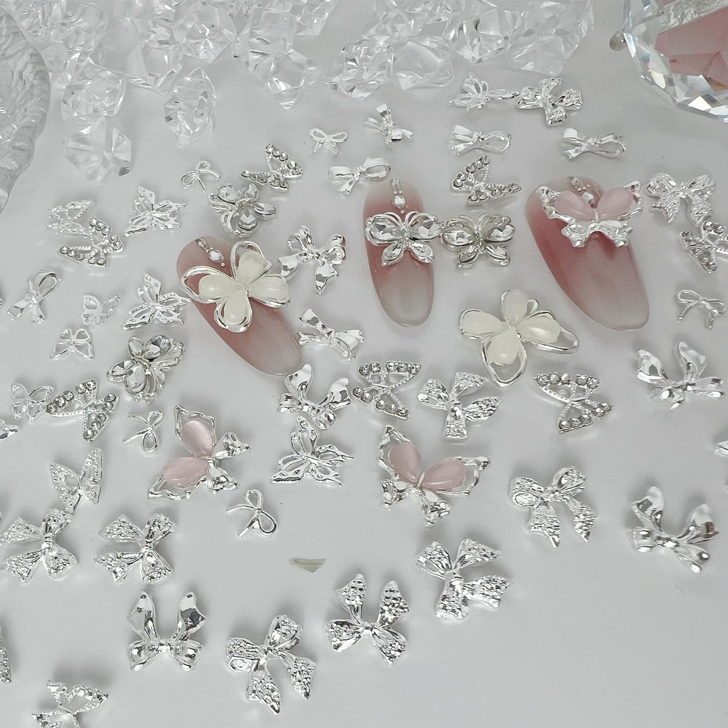 115 Pcs 3D Butterfly Bow Nail Charms Kit, Metal Rhinestone Jewelry, Y2K Coquette Sparkly Alloy Accessories for Acrylic Gel Art Design