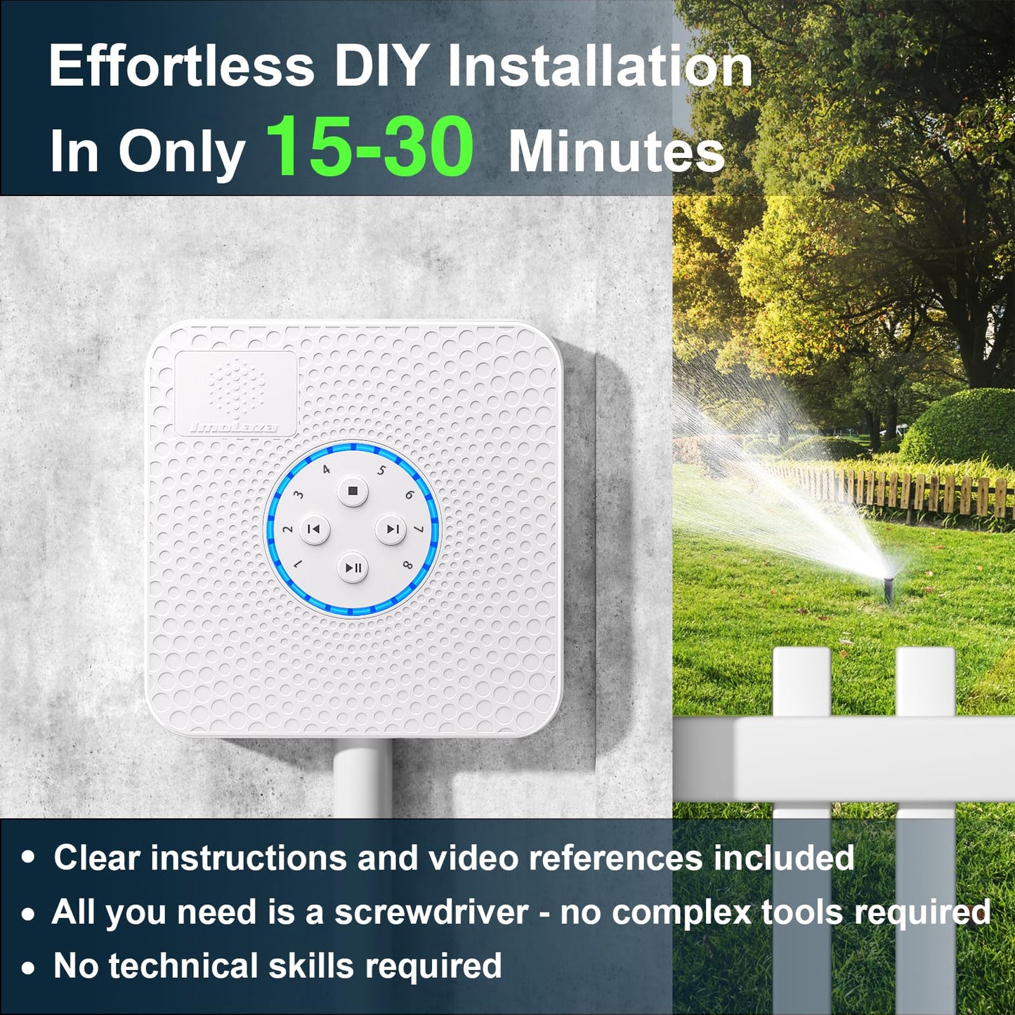 ImoLaza Indoor Smart Sprinkler Controller, ET Automatic Watering Irrigation Controller,2.4GHz WiFi, Ultra Water Saving via Rain/Wind/Freeze/Saturation Skip, App Remote Control & Fault Alerts (8-Zone)