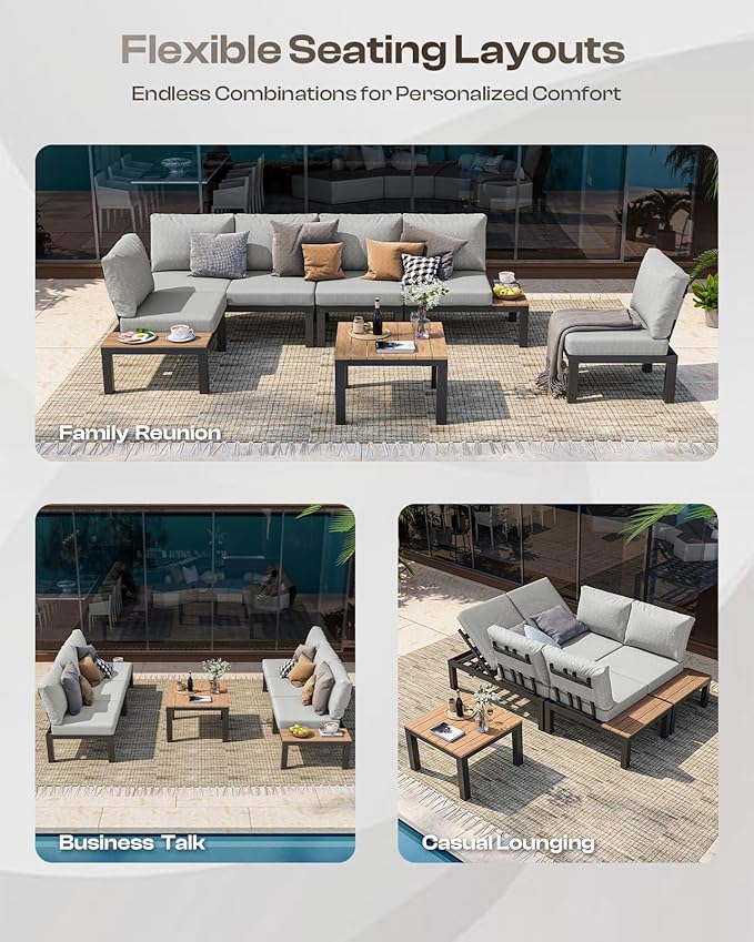 Aluminum Outdoor Patio Furniture Set, 4 Seats Modular Patio Sectional Sofa Set with Adjustable Backrest & Removable Cushions, All-Weather Outdoor Conversation Sets for Garden & Yard, Gray