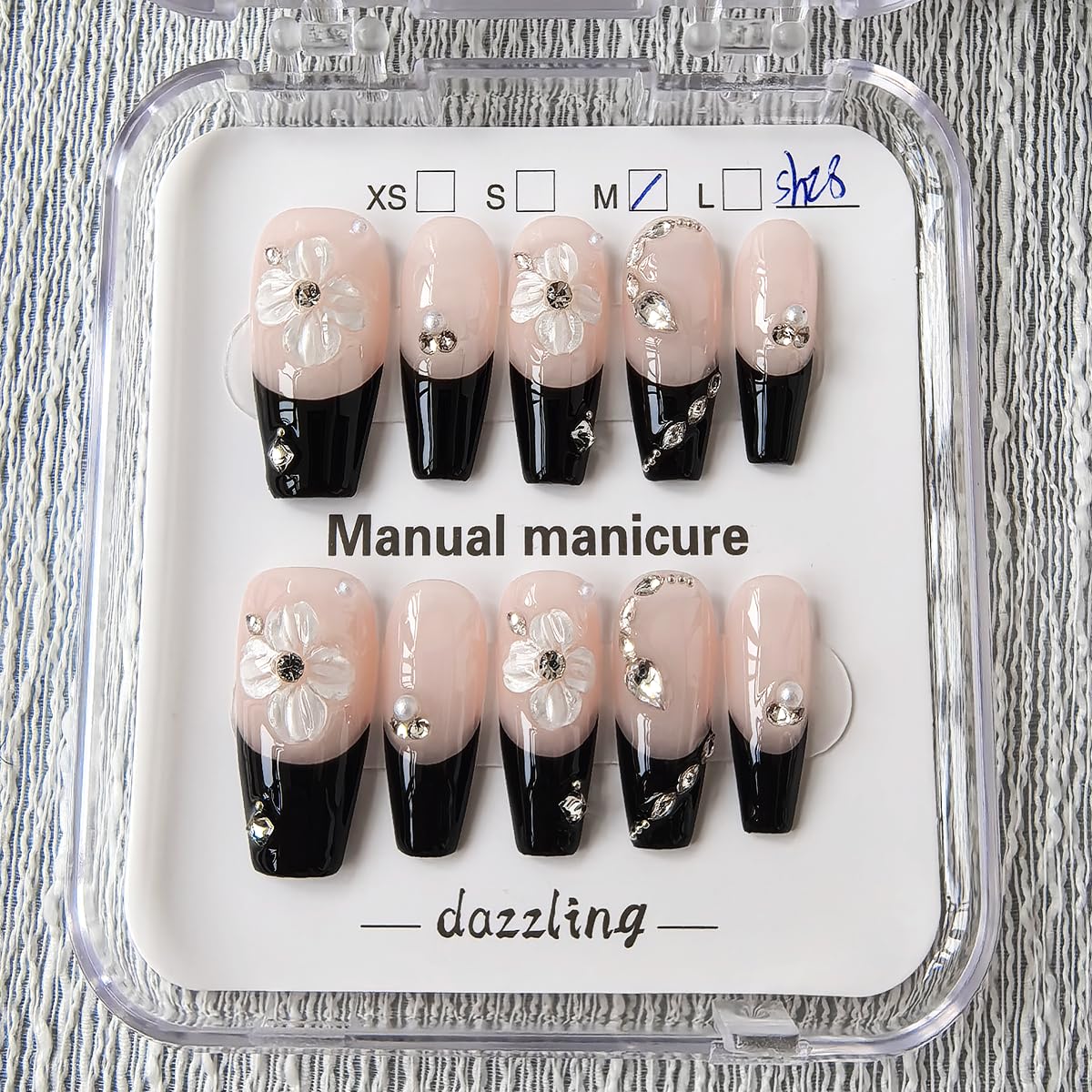 Handmade Press on Nails Coffin Medium False Nails Black French Tip with 3D Flower Designs Rhinestones Charm Cute luxury Sparkly Acrylic Nails for Women (Size M）10pcs