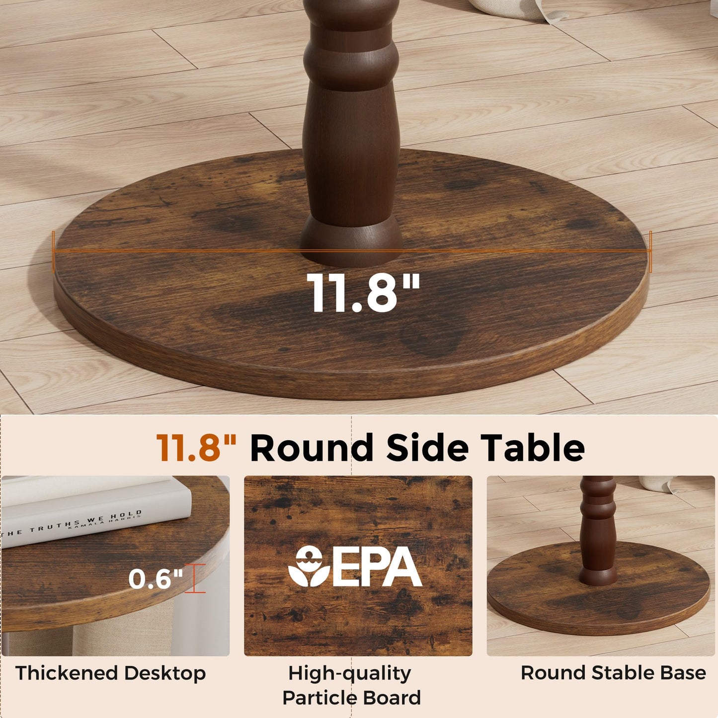 Homleke 12" Round Side Table, Solid Wood Pillar with Wood Top & Base, Small Drink Accent Table for Living Room, Bedroom, Sofa & Office, Easy Assembly, Rustic Brown