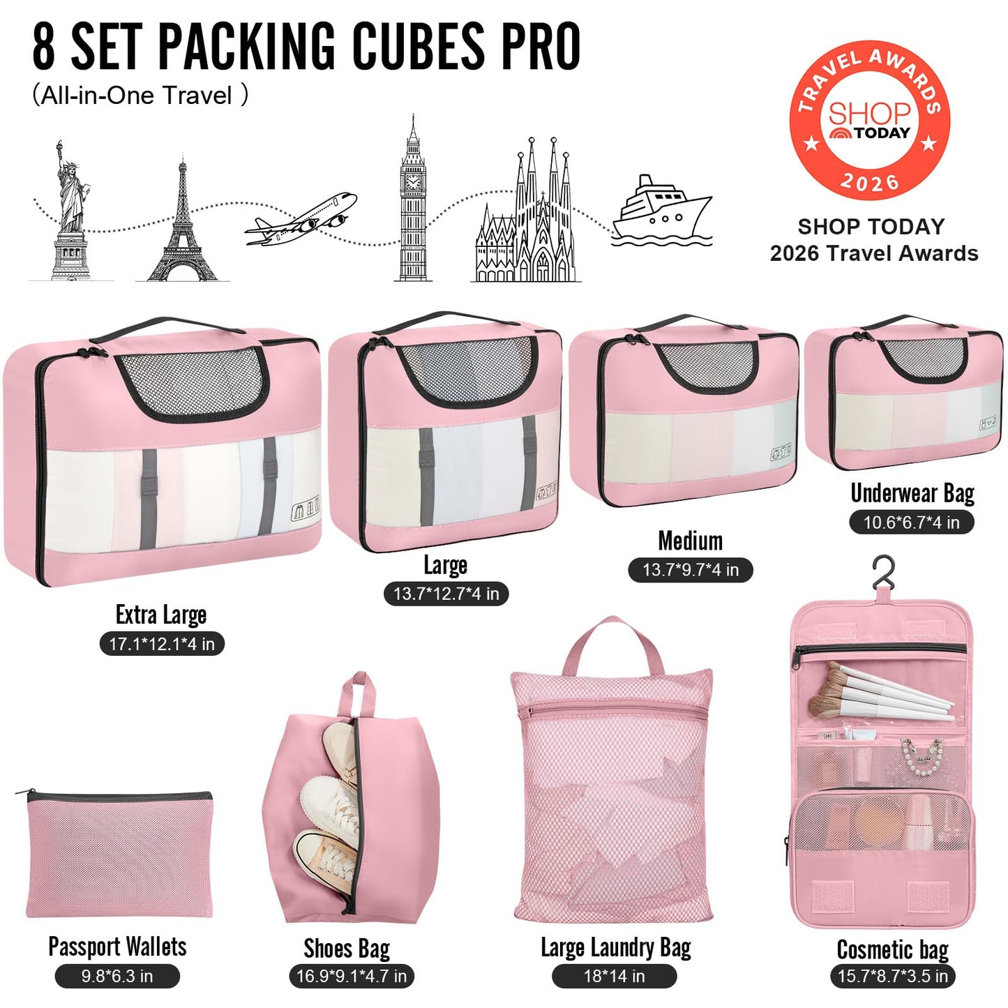 Veken 8 Set Packing Cubes for Travel Essentials, Suitcase Organizer Bags in 4 Sizes, Carry-On Luggage Accessories with Large Laundry & Hanging Toiletry Bag, Must-Have for Airplane, Road Trip & Camping