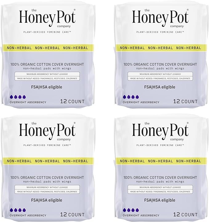The Honey Pot Company - 48ct - Sanitary Pads for Women - Non-Herbal Overnight w/Wings - Organic Cotton Cover & Ultra-Absorbent Pulp Core - Feminine Care - FSA & HSA Eligible