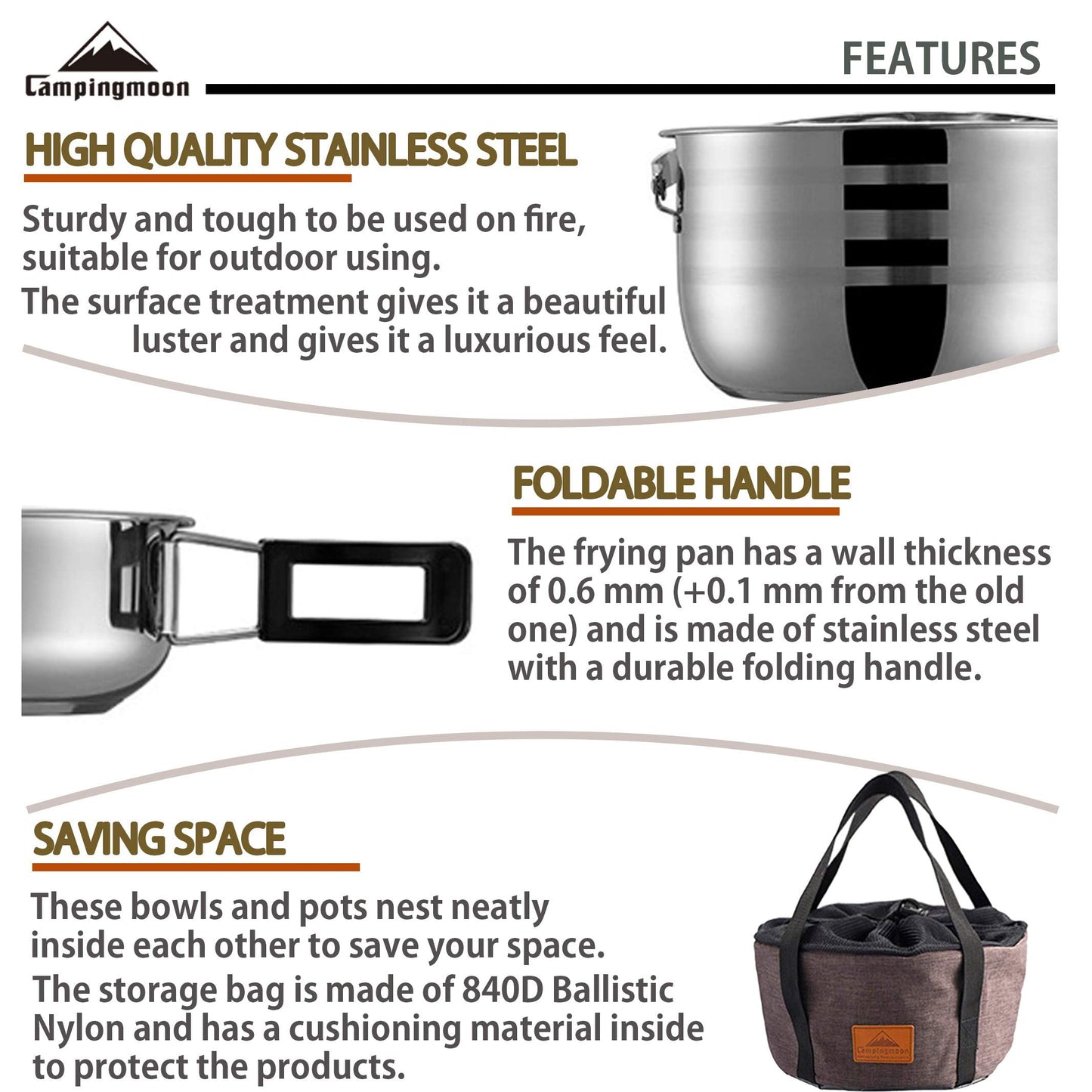 CAMPINGMOON 13PCS Camping Cookware Set Stainless Steel Outdoor Nesting Cooking Mess Kit Pots Pans Bowls with Storage Carrying Tote Bag MC210