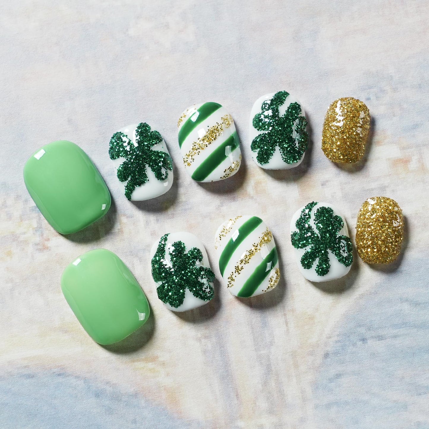 Tesytto Green & Gold Glitter Extra Short Squoval Press On Nails, Handmade Clover and Stripe Design, Reusable Full Cover Acrylic Nails (Size M)