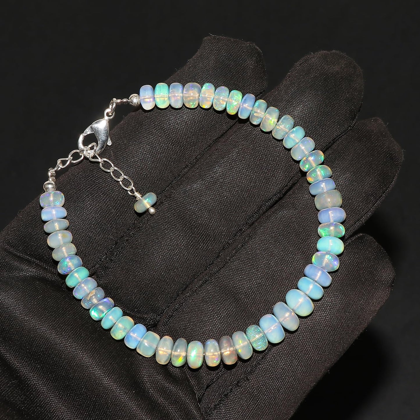 CRYSTALIS Natural Ethiopian Opal Adjustable Bracelet, Real Gemstones, Chakra Healing Stones, Gift Giving Jewelry, Silver Plated Womens Bracelet 8 inch