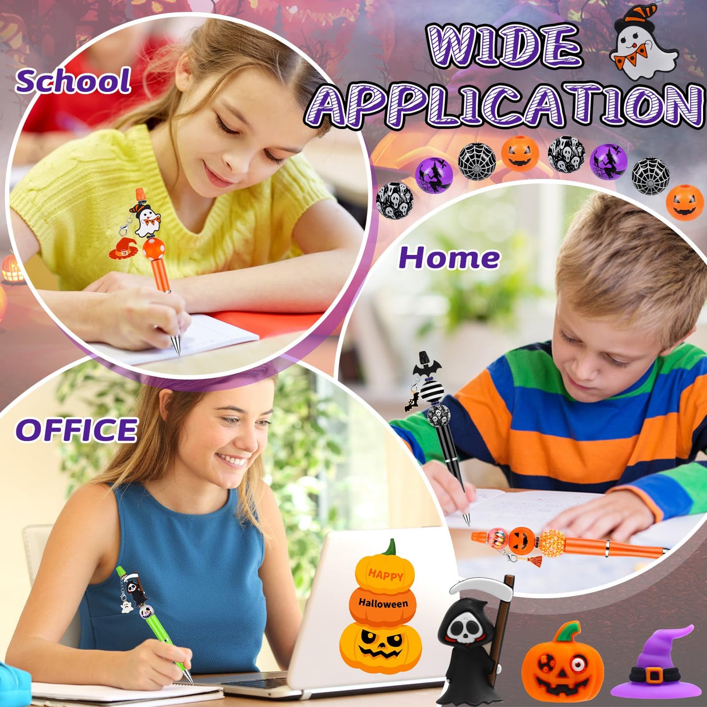 12 Sets Halloween Beadable Pens DIY Pen Making Kit with Bubblegum Beads Silicone Focal Beads - Craft Beads Charms Ballpoint Pens for Halloween
