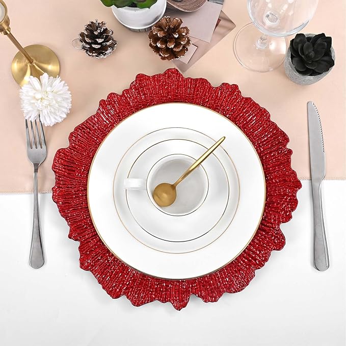 Pesonlook 24Pcs Red Charger Plates Round 13inch, Reef Plate Chargers for Dinner, Bulk Plastic Floral Table Charger Plates for Dinner Wedding Party Event Table Setting Decoration(Red)