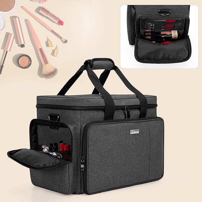BAFASO Large Makeup Bag Cosmetic Bag with Removable Dividers, Travel Makeup Case Holds Cosmetics and Hair Supplies, Black