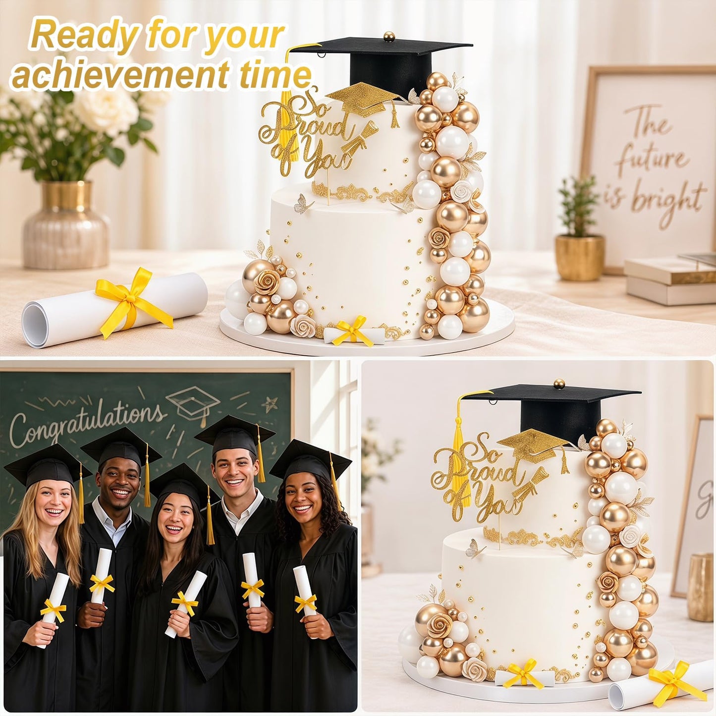43 Pcs Graduation Cake Kit Included Felt Grad Cap with Tassel Grad Cake Topper Graduations Party Supplies So Proud of You Cupcake Topper for Congrats Senior High School College Party Decor(Gold White)