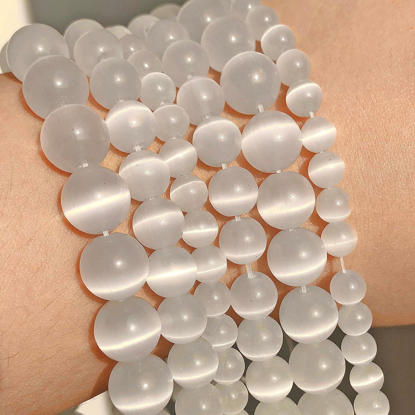 8mm White Cat-Eye Natural Stone Beads Round Loose Beads for Jewelry Making Yochus DIY Beads Bracelet Necklace