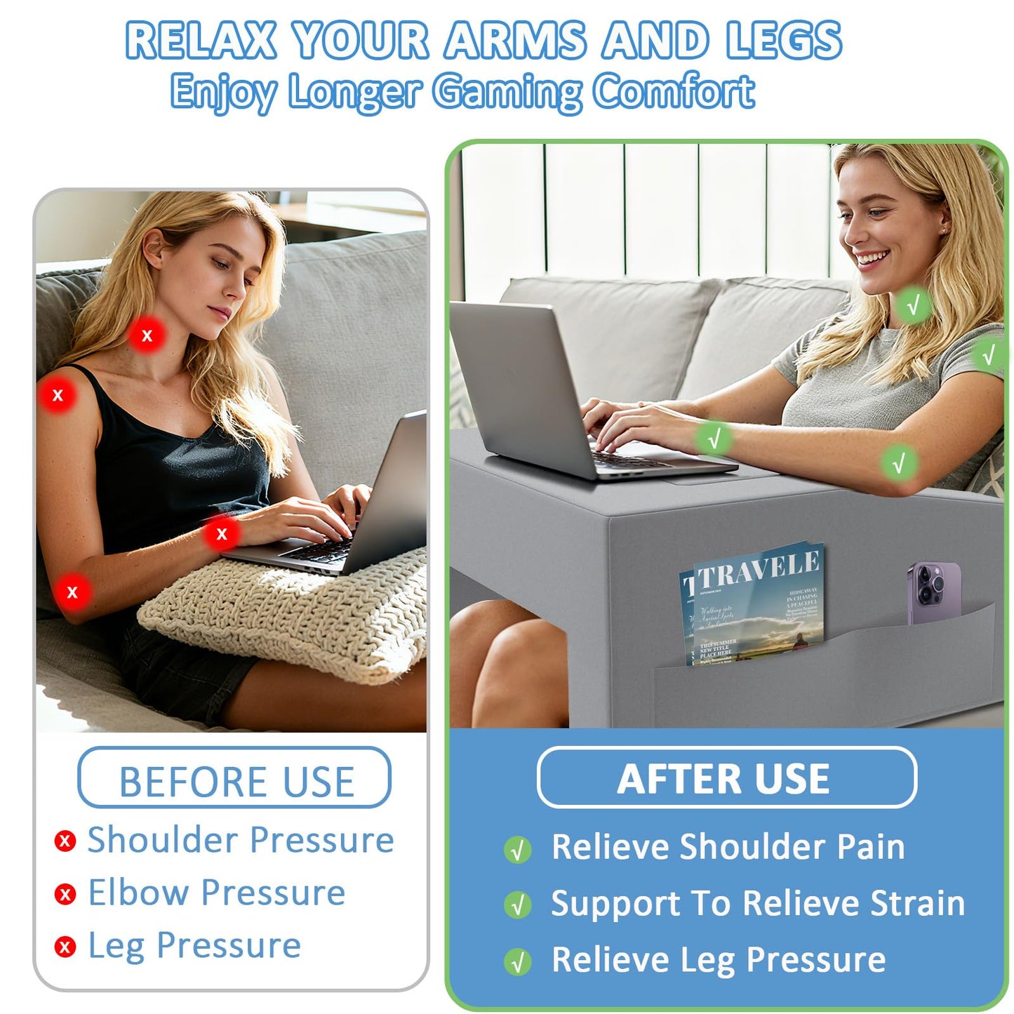 FURNAWAY Lap Desk Pillow with Removable Cover Adjustable Angle Gaming & Machine Washable Reading Pillow for Adults Multipurpose Laptop Bed Tray with Arms for Working