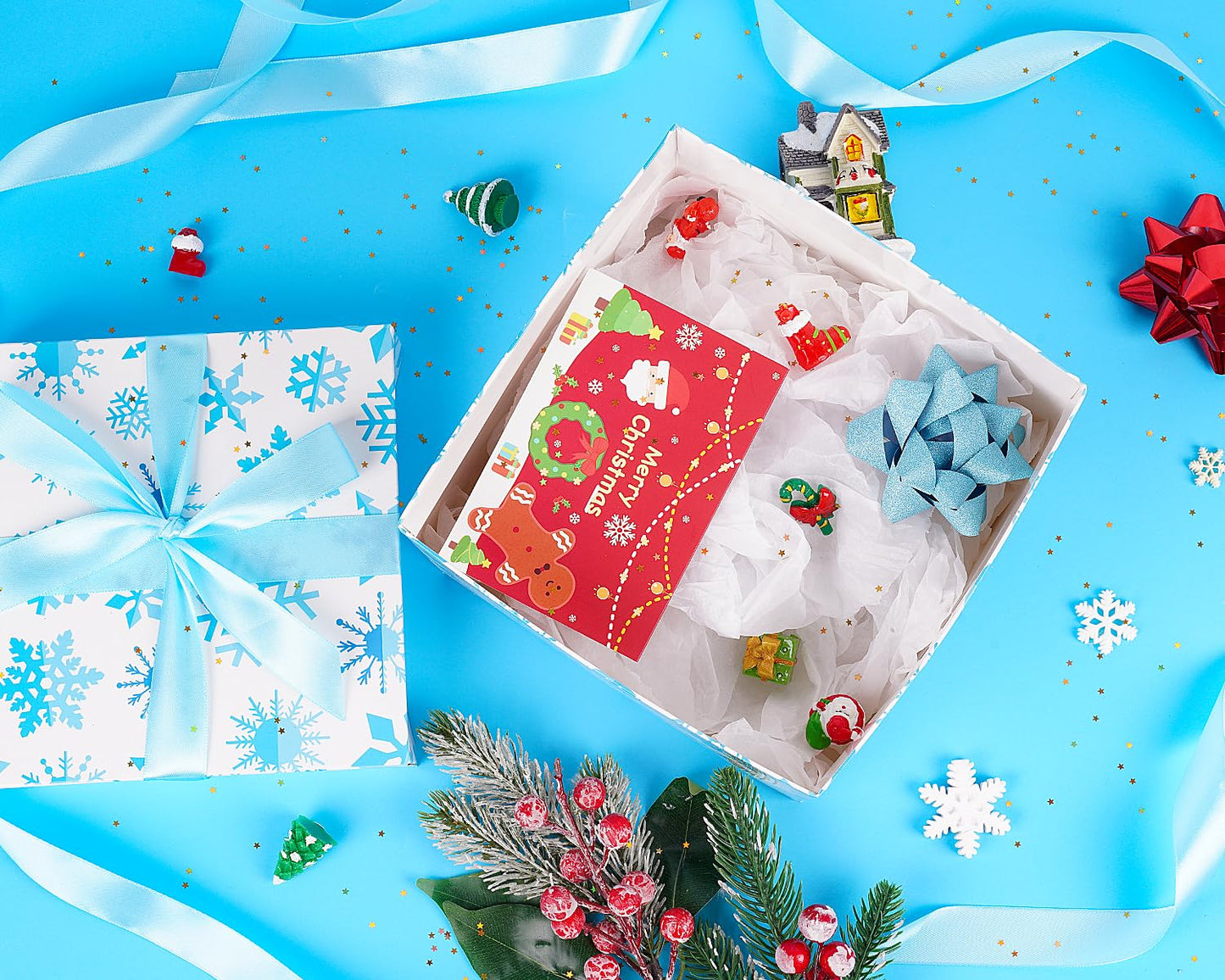 Jaywayang 5 Pack White Christmas Gift Boxes with Lids, Ribbons and Tissue Papers Square Gift Boxes - 7.1 Inch - Presents Wrapping Christmas Gift Holiday New Year Party Favor Boxes.