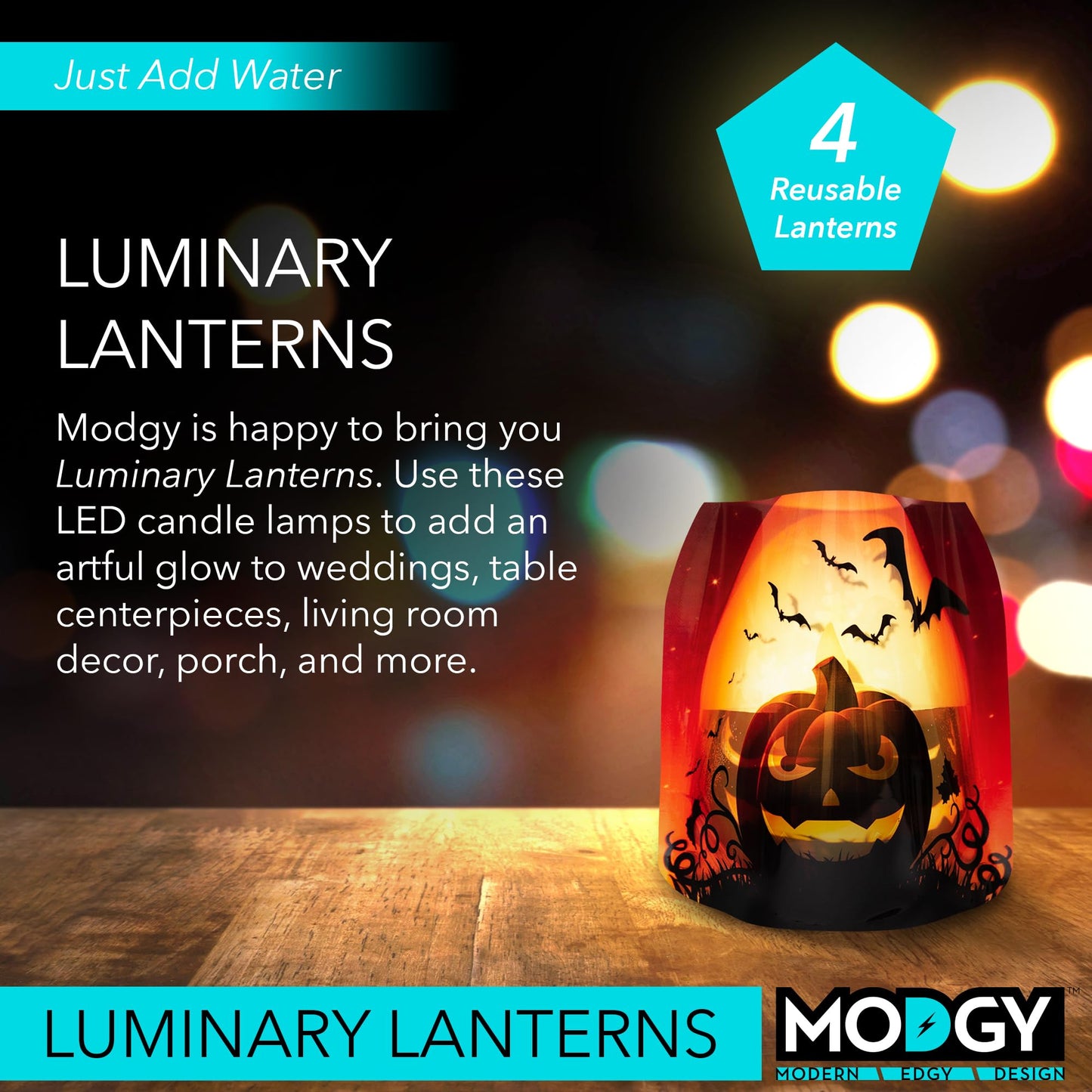 MODGY Luminary Lanterns, Halloween Candle Holders with Flameless Floating LED Candles, Indoor Outdoor Decor for Parties, Home, Windows, and Mantels, Table Centerpiece, 4-Pack, Jacko