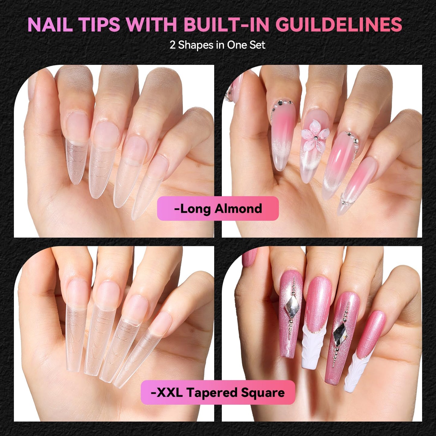 Makartt Long Almond & XL Tapered Square Nail Tips with Built-In Shaping Guides: 2 Shapes in 1 Box-15 Sizes, Pre-Etched Matte Inside False Nails for Nail Extension DIY, Salon Manicure Supplies 420pcs