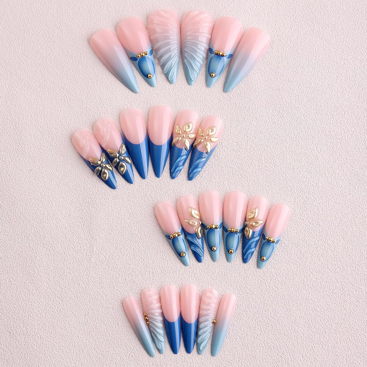 plalely Stiletto Press on Nails Long Blue Fake Nailwith 3D Charms Acrylic Nail Press ons Golden Embossed Stick on Nails for Women 24pcs