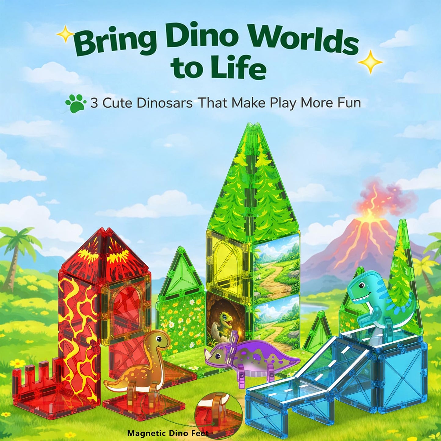 LATI Magnetic Tiles Dinosaur Building Set, Dino World Magnet Blocks with Double-Sided Egg Hatch Story, STEM Construction Toy for Kids Ages 3+, Educational Gift for Boys & Girls