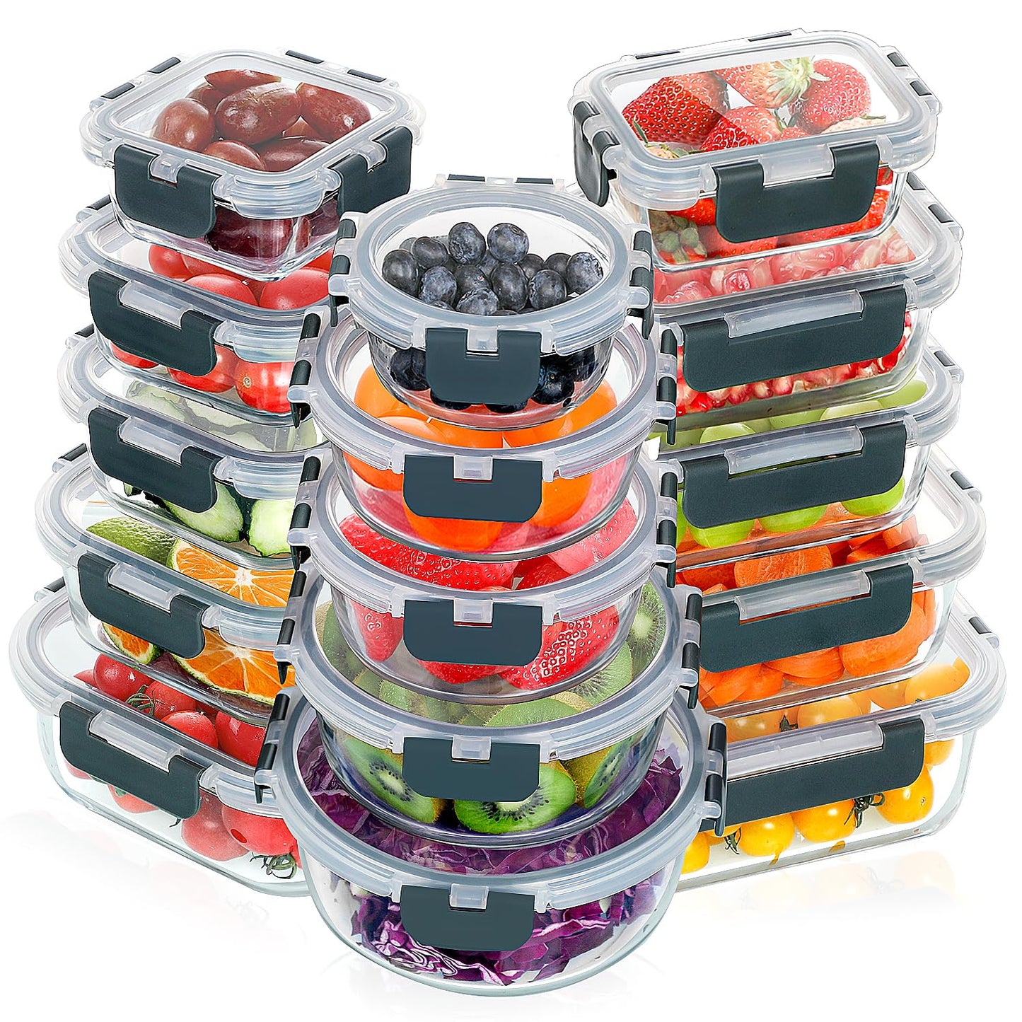 VERONES 30 Pieces Glass Meal Prep Containers Set, Stackable Glass Food Storage Containers with Lids-Airtight Lunch Containers，for Microwave, Oven, Freezer & Dishwasher,Grey