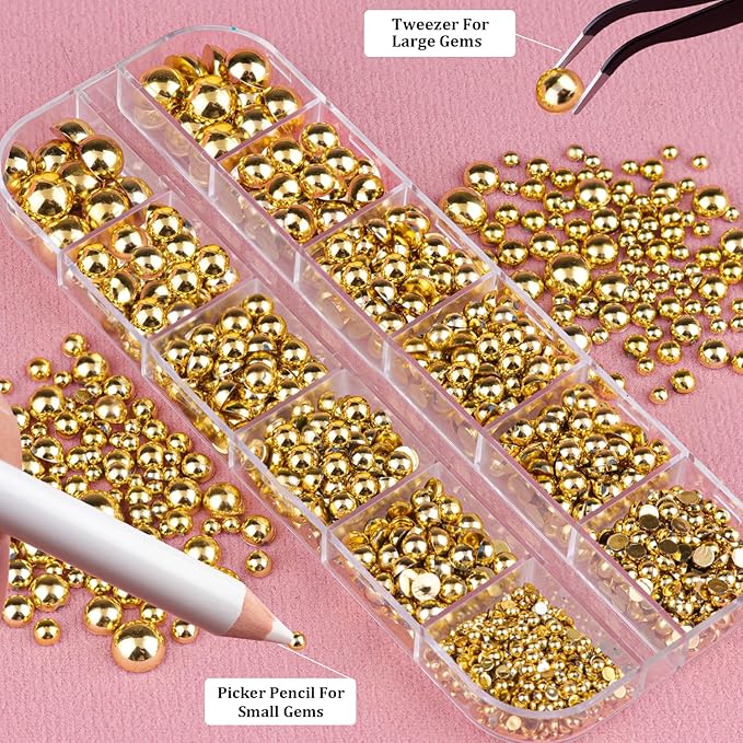 Belleboost Gold Nail Charms and Gems, Half Round Flatback Pearl Nail Charms, Nail Pearls Rhinestones Kit Gold Beads for Nails with Pickup Pencil and Tweezer for DIY Nail Art, Face Makeup and Crafting