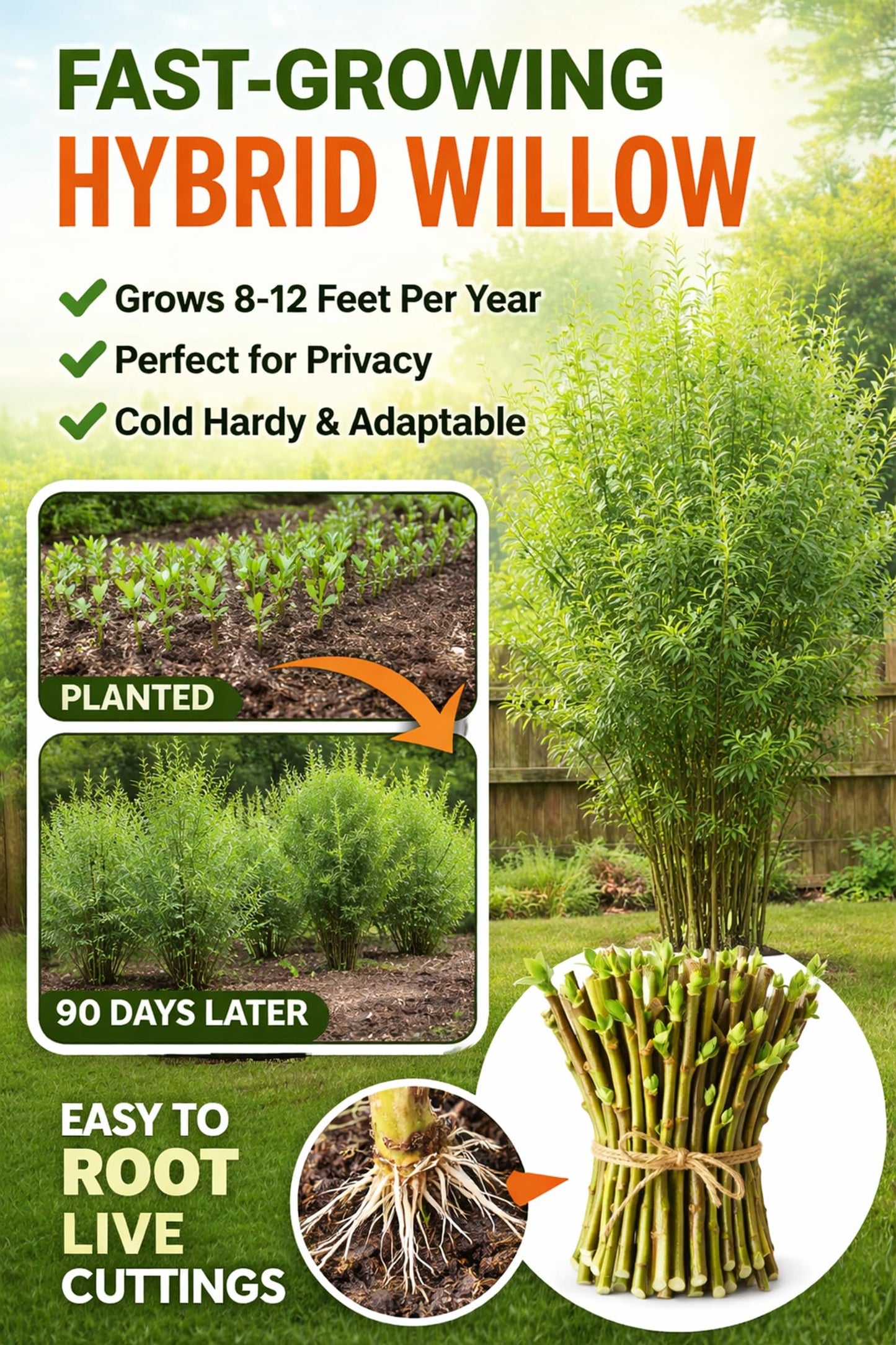 Hybrid Willow Tree Cuttings – Fast Growing Privacy & Shade Trees – Easy to Root Live Cuttings – Cold Hardy, High Yield Trees for Screens & Windbreak (10 Cuttings)