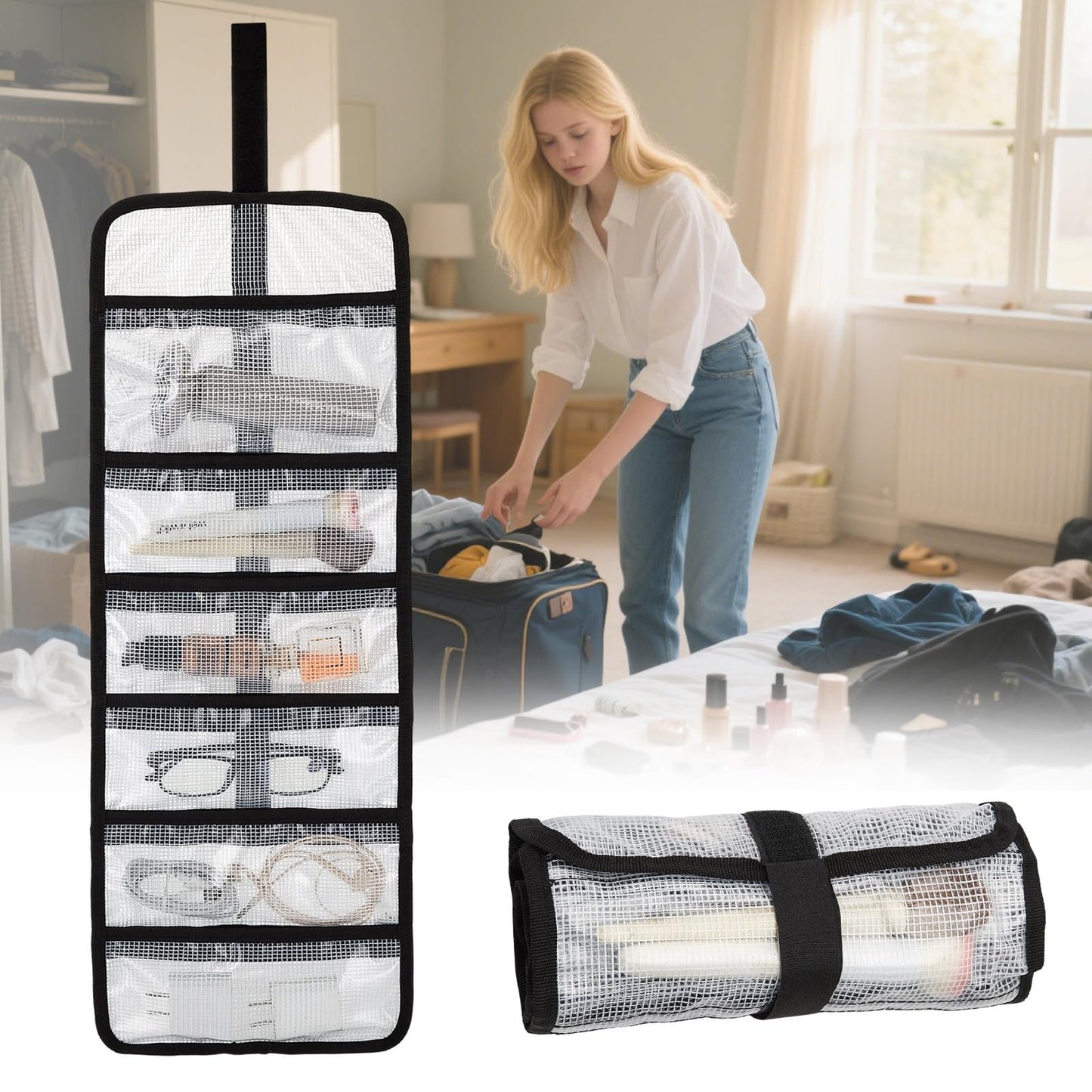 Small Roll Up Storage Bag, 6 Pockets Roll Up Tool Kit, Suitable for Mechanics, Kitchen Storage, Art Sketching, Travelling, Potter's Tools, Office Objects, Transparent and Visible, Space-Saving 4 Pack