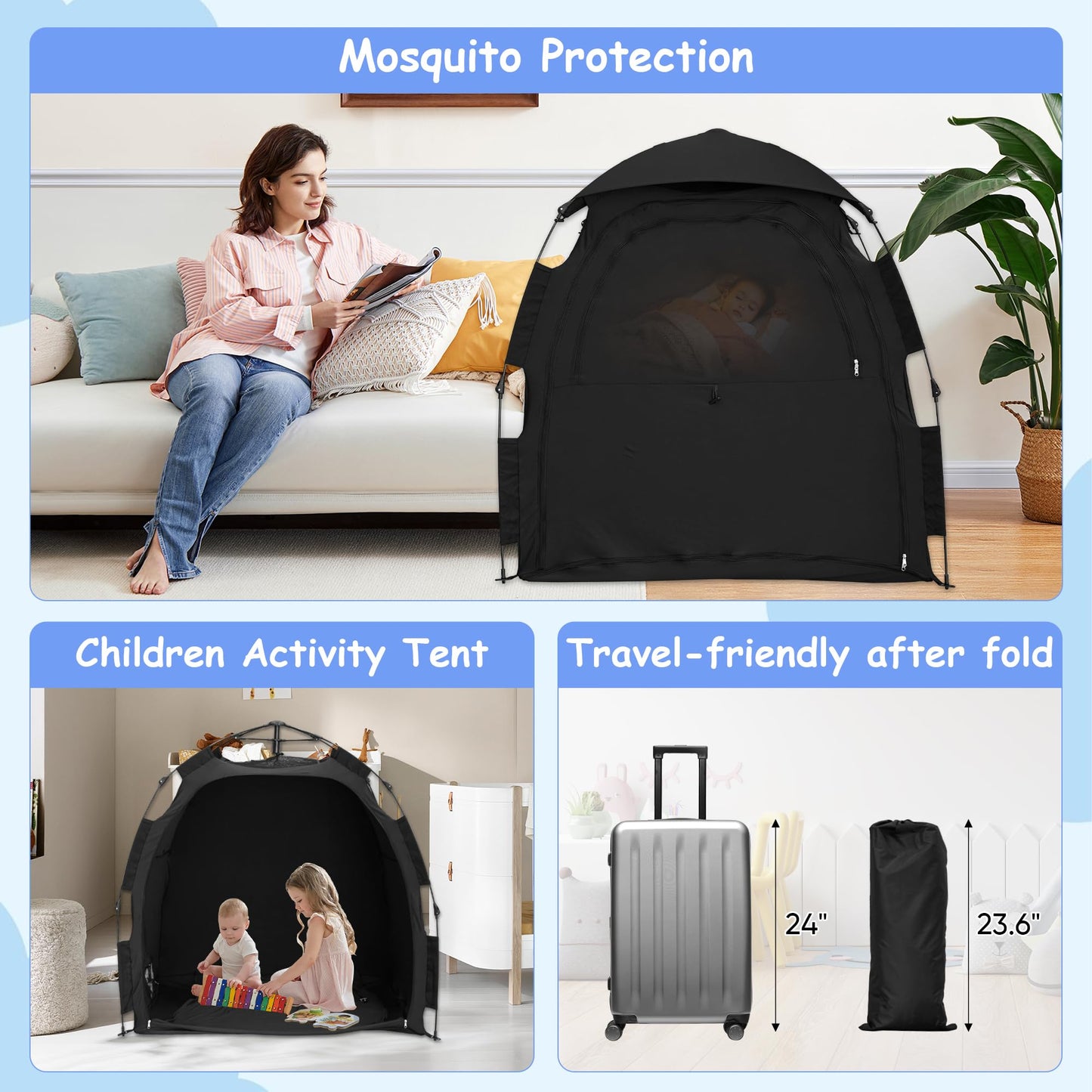 YABORAS Sleep Tent for Pack N Play, Baby Sleep Tent One-Click Assembly Effective Light Blocking Tent for Sleep Pod & Mini Crib, Light Blocking Tent for Babies and Toddlers