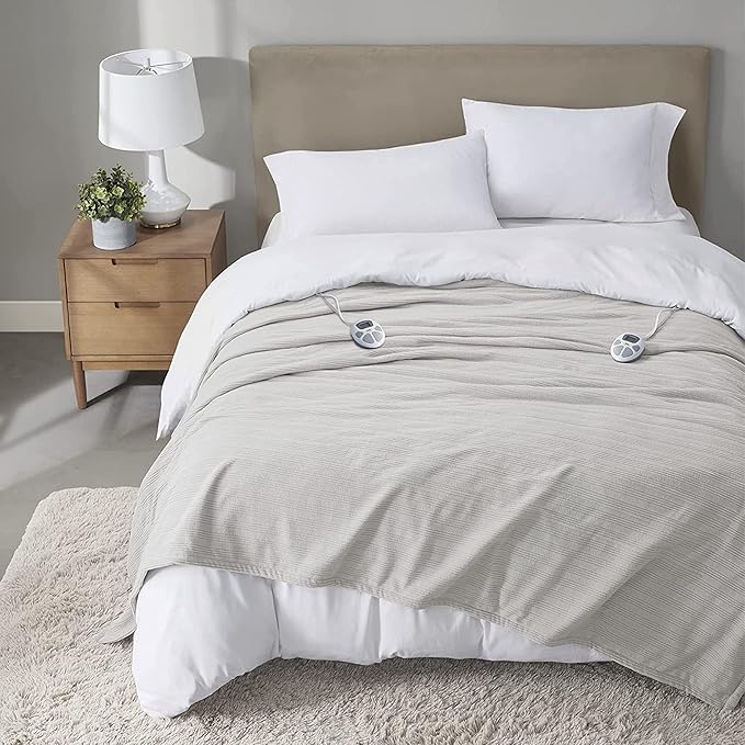 Serta Travis Fleece Ultra Soft Tri-Rib Textured Electric Blanket, Cozy and Snuggly Cover Fast Heating for Cold Weather, Auto Shut Off, Multi Heat Setting Controller, King, Pumice Stone Grey