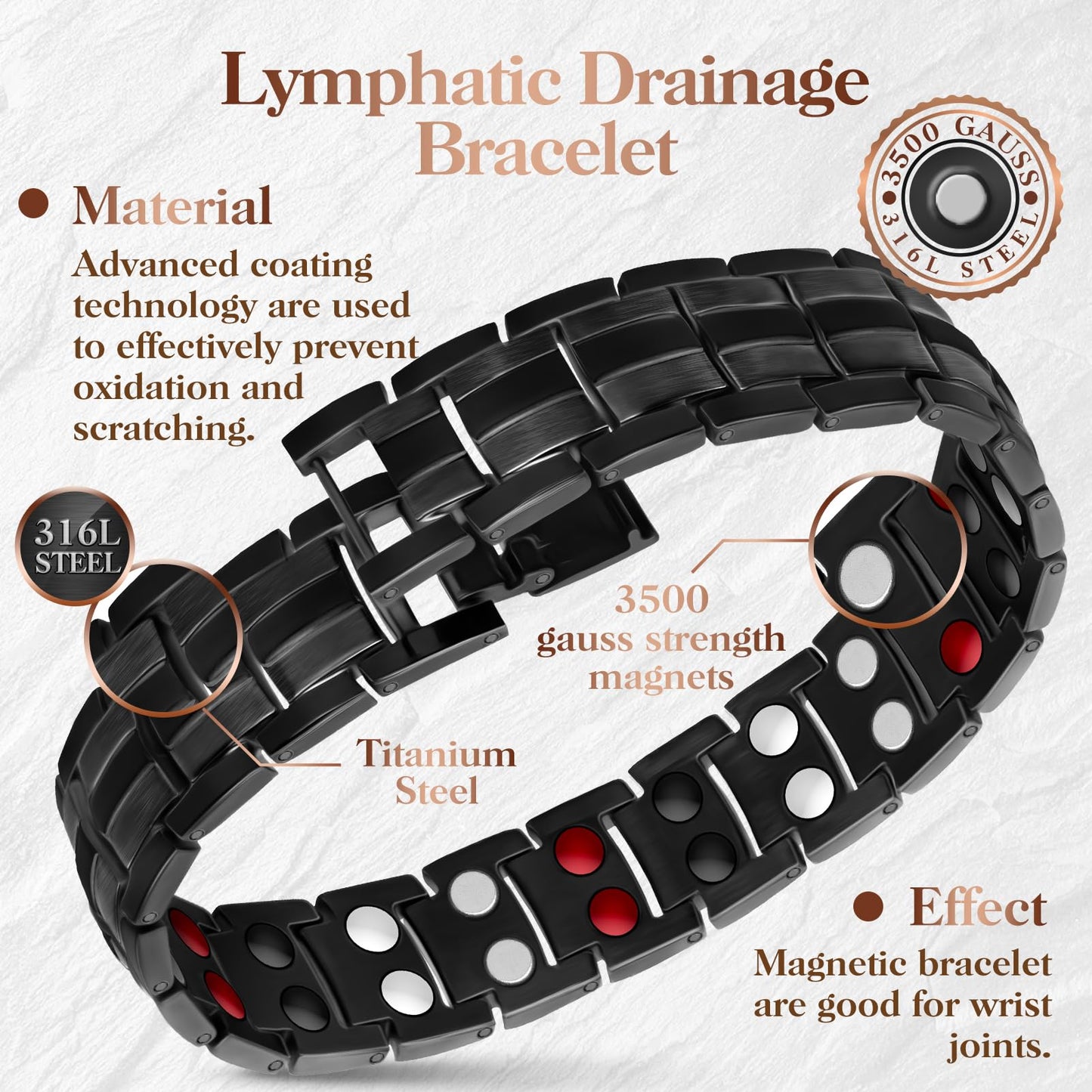 Mahnco Magnetic Bracelet for Men Adjustable Titanium Steel Men’s Bracelet with Double Rows Effective 4 Elements Magnets & Remove Tool (Black Classic)