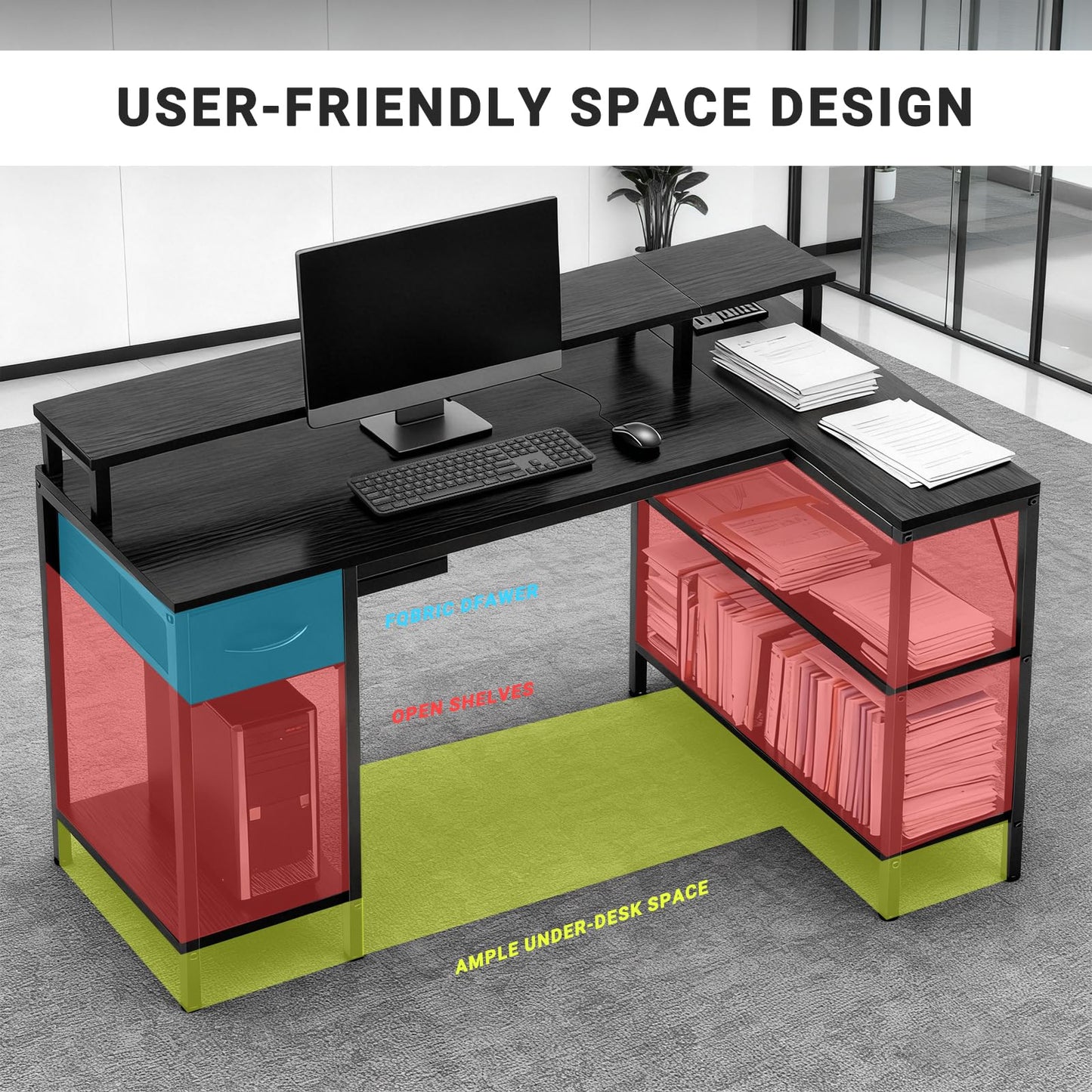 Simple Deluxe 47-inch L-Shaped Gaming Desk with LED Lights & Power Outlets, Reversible Corner Computer Desk with Monitor Riser, Drawer & Shelves, for Home Office, Black