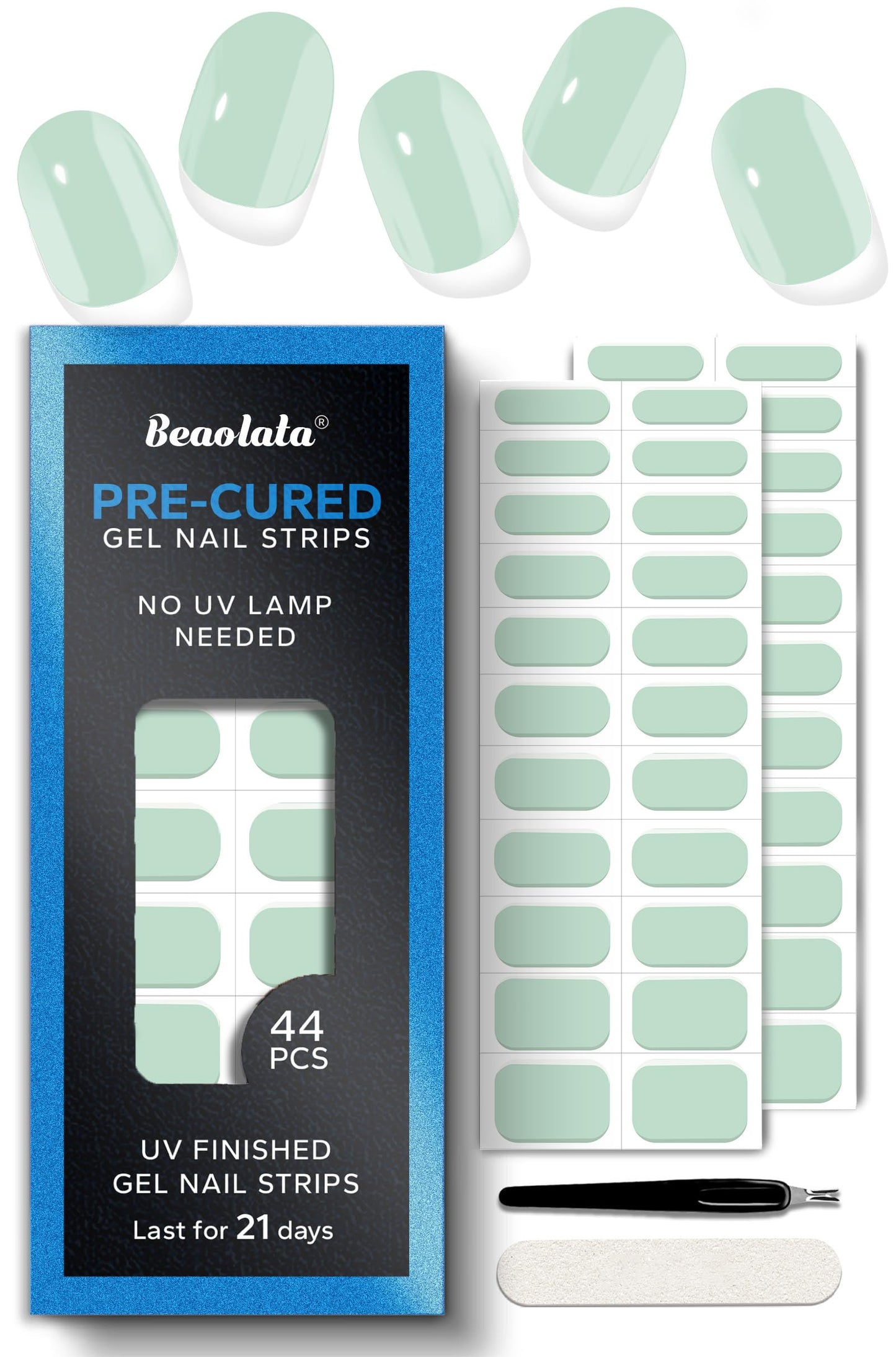 Beaolata Real Gel Nail Strips (No UV Light Needed) - 44Pcs Salon Quality Nail Stickers - Long Lasting Polish Wraps for Women, Easy Apply & Remove (Sage Mist Green)