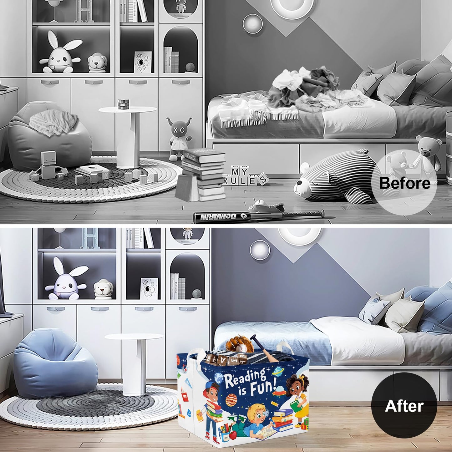 Clastyle Space Reading Fun Study Book Kid Storage Basket Baby Laundry Hamper Boy Gift Toy Box Collapsible Clothes Organizer Nursery Bin for Bedroom, Rocket, 40*30*30 cm