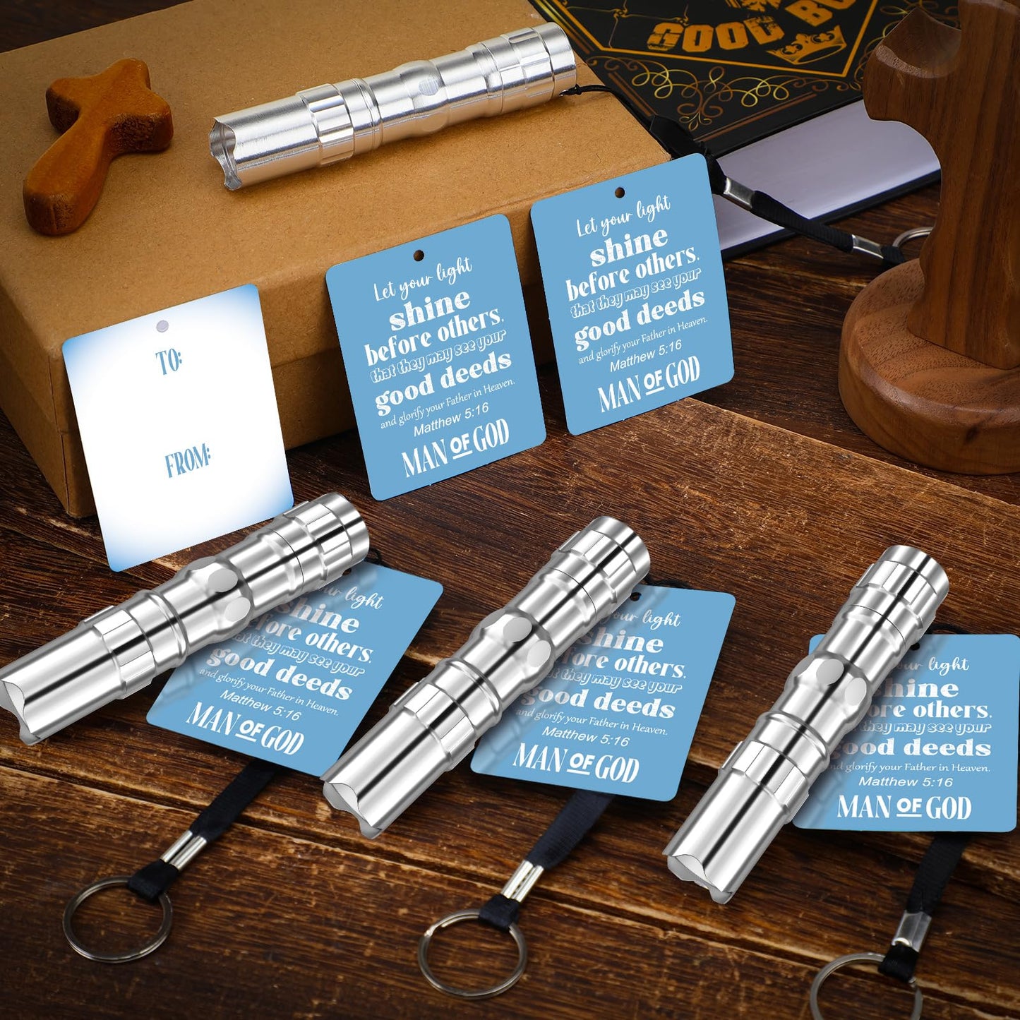 Tujoe 24 Sets Christian Flashlight Gift for Men Bulk Man of God Flashlight Keychains with Bible Verse Card Religious Father's Day Inspirational Keychains for Christian Men Church Supplies