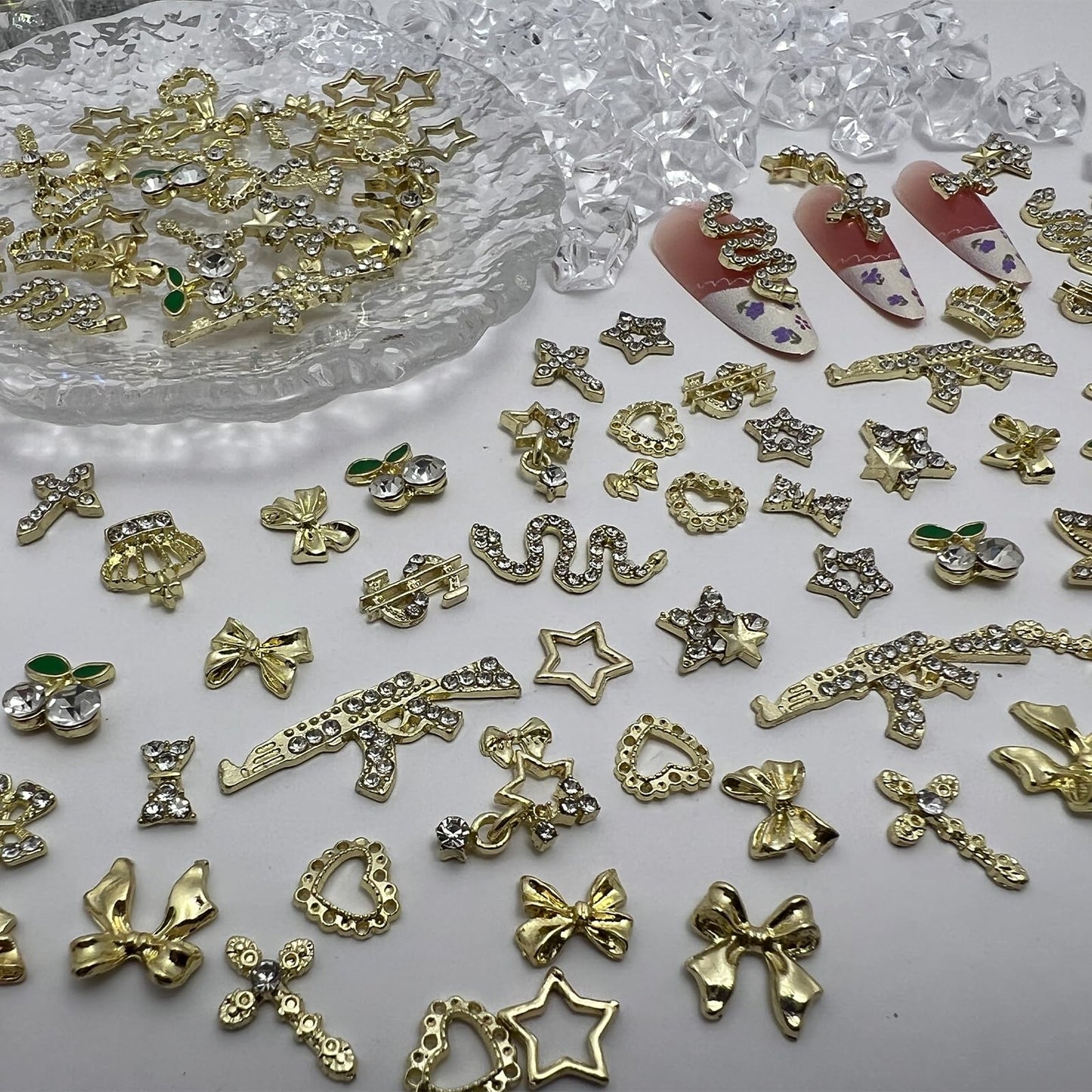 KINGNAME 106Pcs 3D Gold Nail Charms, Luxury Bling Snake Bow Butterfly Jewels, Y2K Glam Rhinestone Art Accessories for DIY Acrylic Nails