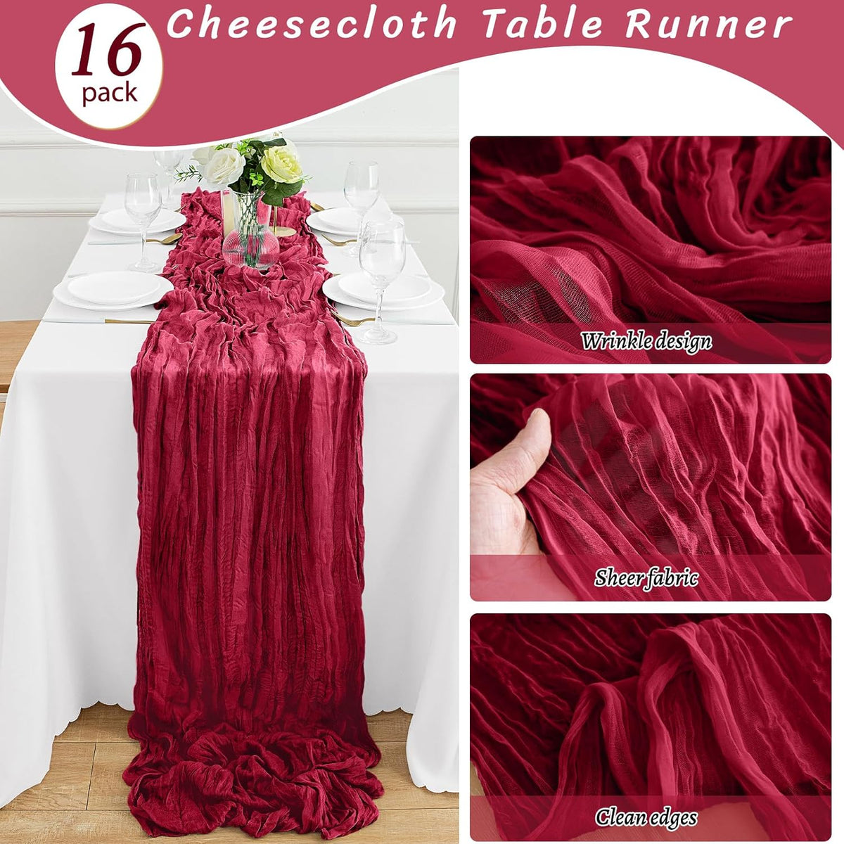 16Pack Burgundy Cheesecloth Table Runner 10FT Gauze Cheese Cloth Table Runner 35x120Inch Long Boho Spring Easter Table Runners Rustic Sheer Table Runners for Wedding Baby Shower Bridal Shower Decor