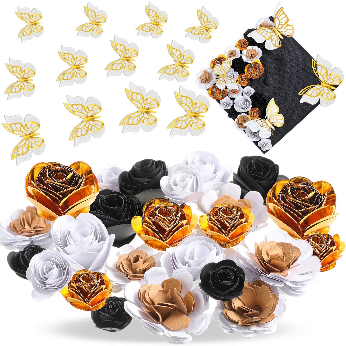 Dinifee 36 Pcs DIY Graduation Cap Decorations Accessory Kit Include Faux Paper Flower Heads 3D Butterfly Grad Cap Mini Paper Flowers Decorations for Grad Cap Topper DIY Graduation Gift(Black, Gold)