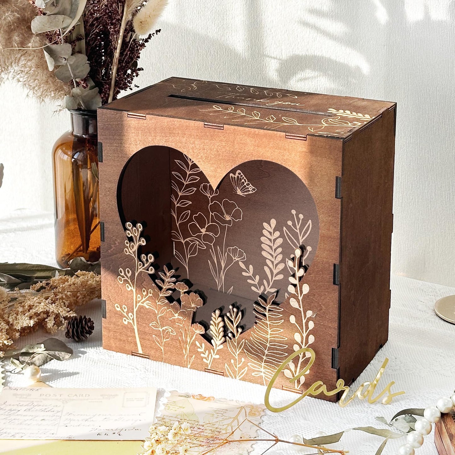 OurWarm Wedding Card Box for Party, Wooden Card Boxes for Reception, Rustic Wedding Box for Cards and Money, Envelope Money Box Gift Cards Box for Graduation Baby Shower Birthday Decor