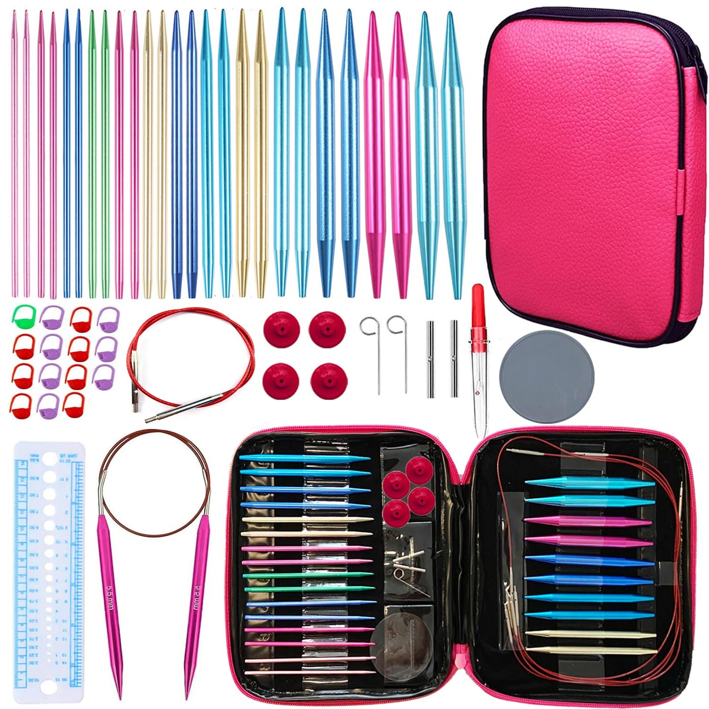 Mdoker 13 Pairs of Aluminum Circular Knitting Needles Set w/Case Interchangeable Knitting Needle with Accessories Circular Knitting Needles Size 2.75mm-10mm for Brginner & Experienced Knitting Lovers