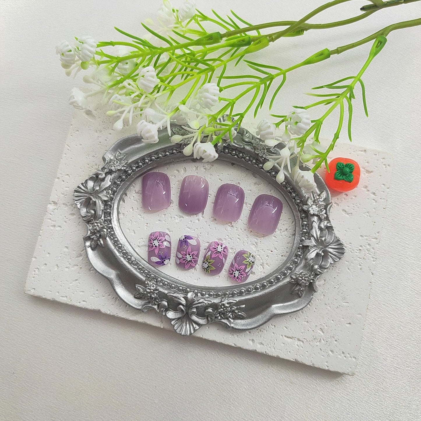 Short Press On Square Fake Nails with Flower Designs Acrylic Press Ons Glossy Glue Ons Spring False Purple Full Cover Artificial Stick Ons for Women 24Pcs