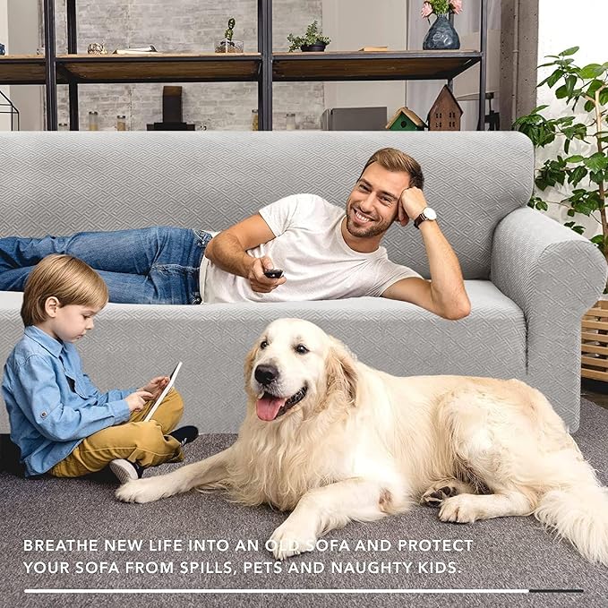 XINEAGE New Extra Large Couch Cover for 3 Cushion Couch (91"-110") 1 Piece Stretch Oversized Sofa Slipcovers Jacquard 4 Seater Furniture Protector Elastic Bottom for Kids,Pet (XL Sofa, Silver Grey)