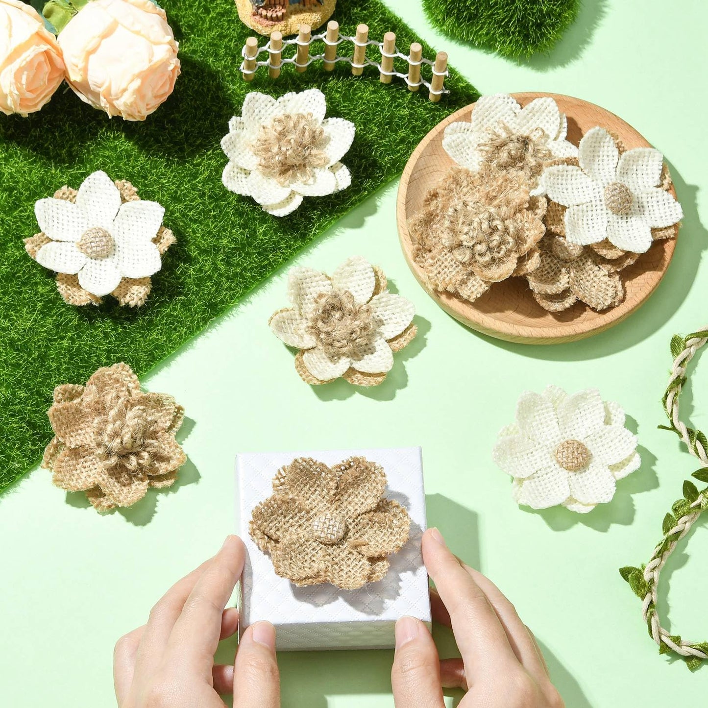LiQunSweet 24 Pcs 6 Styles Handmade Natural Burlap 3D Fabric Flowers Burlap Rustic Ornament Accessories for Hat DIY Handmade Crafts Home Embellishment Wedding Party Decoration