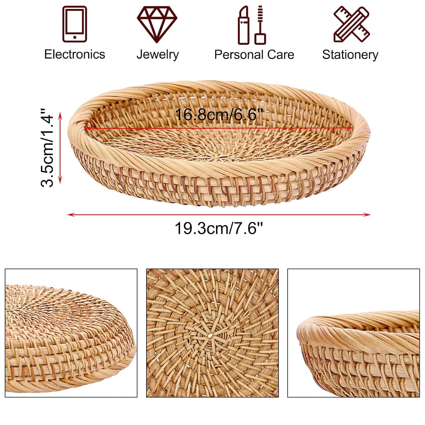 Handwoven Rattan Small Key Bowl - 7.6 Inch Round Catch All Tray for Keys,Coins, Wallet, Jewelry - Natural Wicker Organizer for Entryway, Desk, Nightstand