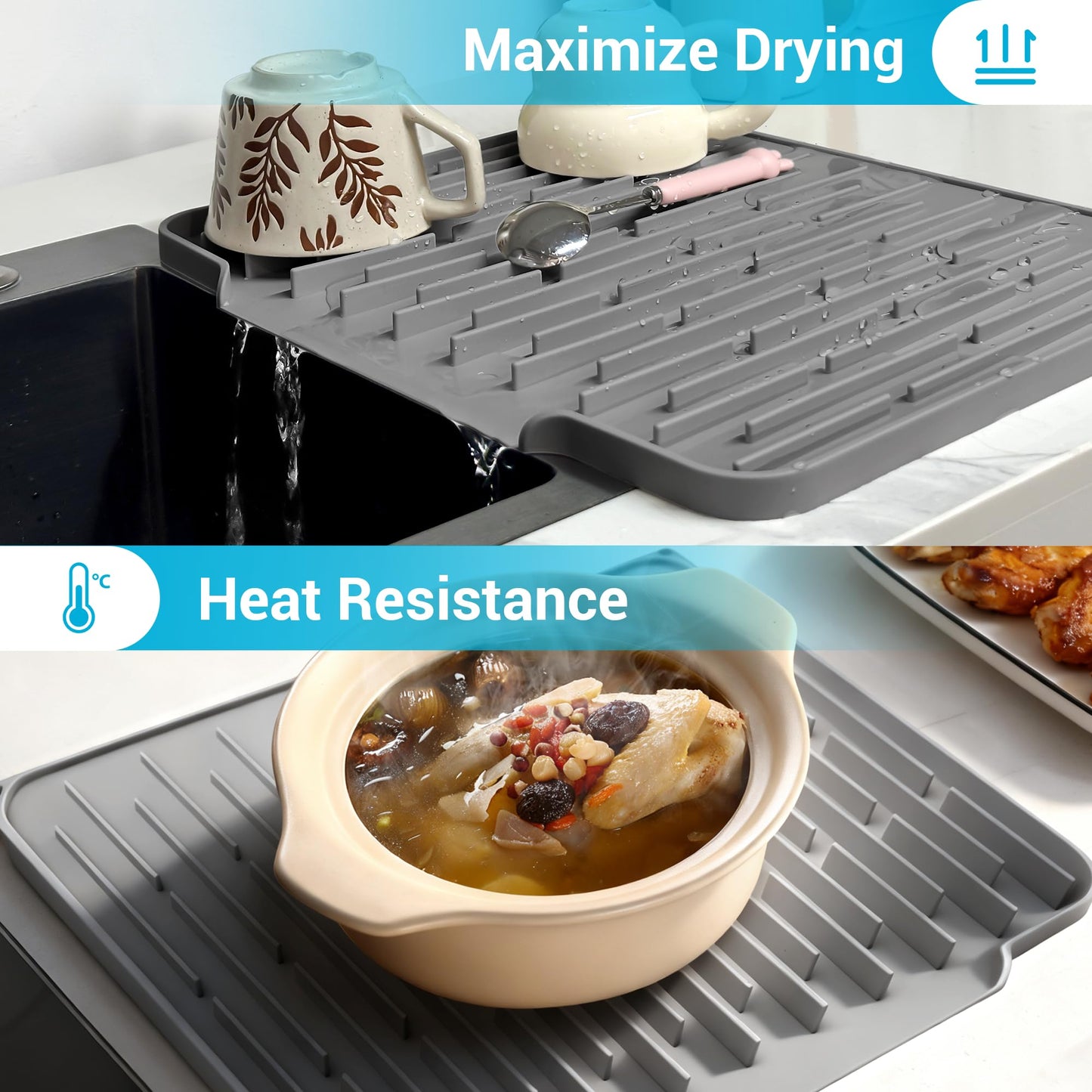 Foldable Silicone Dish Drying Mat for Kitchen Counter & Sink - Quick Dry, Space Saving, Non-Slip Pad for Small Apartments & Coffee Bar Dark Grey