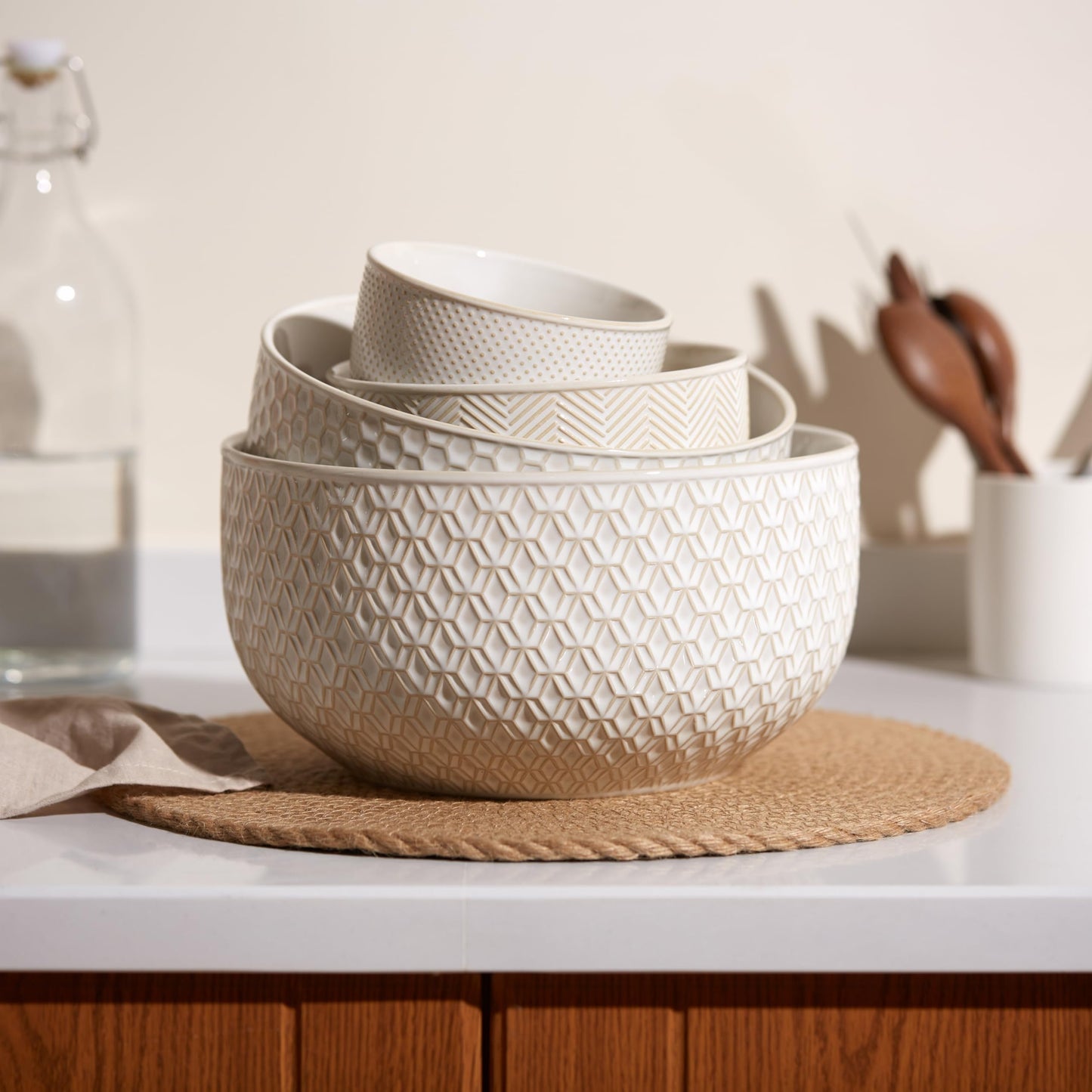 KooK Ceramic Mixing Bowls, Nesting Set of 4, Embossed Kitchen Dishware, Prep, Serving, Gift, Microwave and Dishwasher Safe, 20/44/98/145 oz, Narbonne Collection (Ivory)