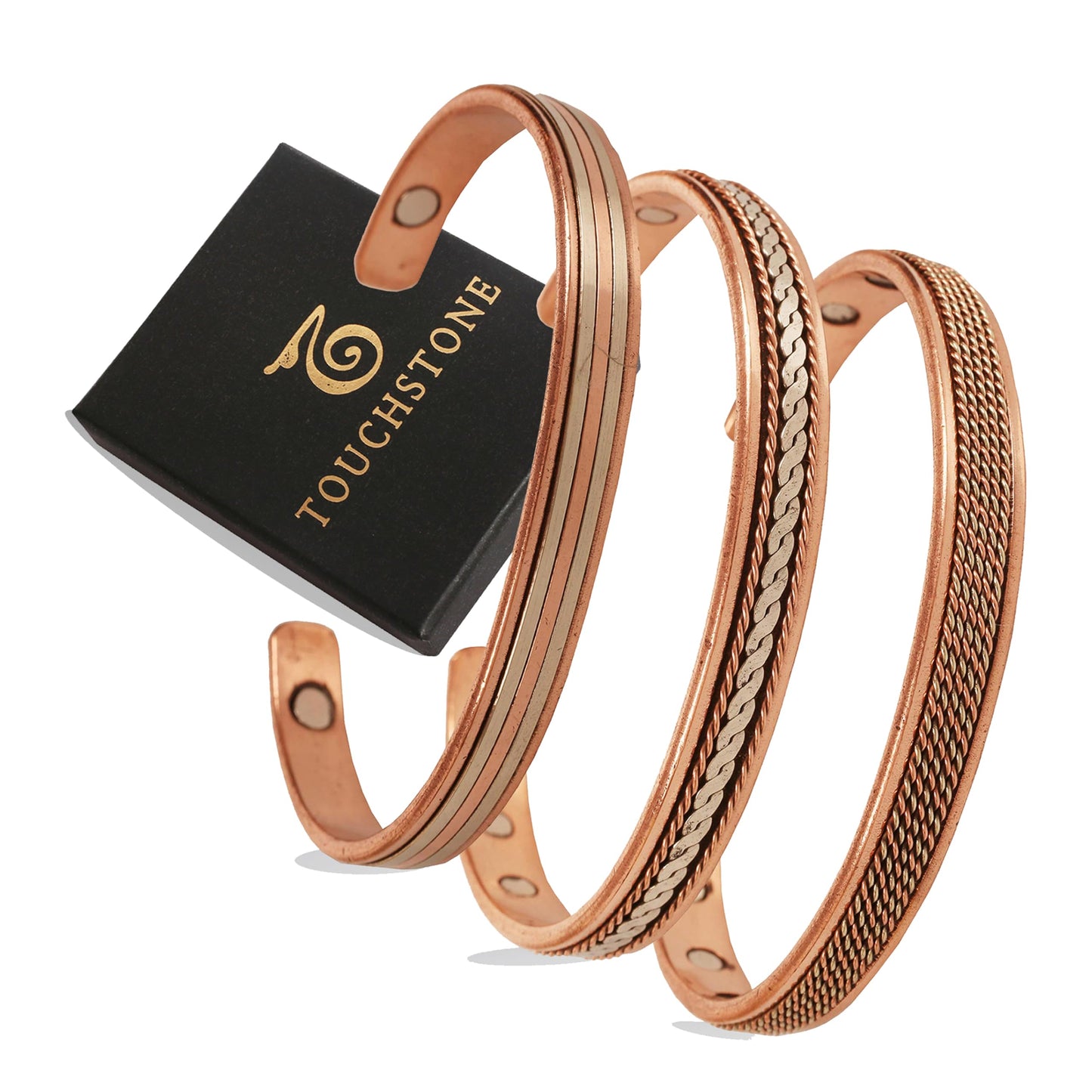 Touchstone copper bracelets | gift for men women |adjustable 100% pure solid real magnetic jewelry | handmade bracelet set combo | rope braided tibetan bangles. Set of 3 different designs