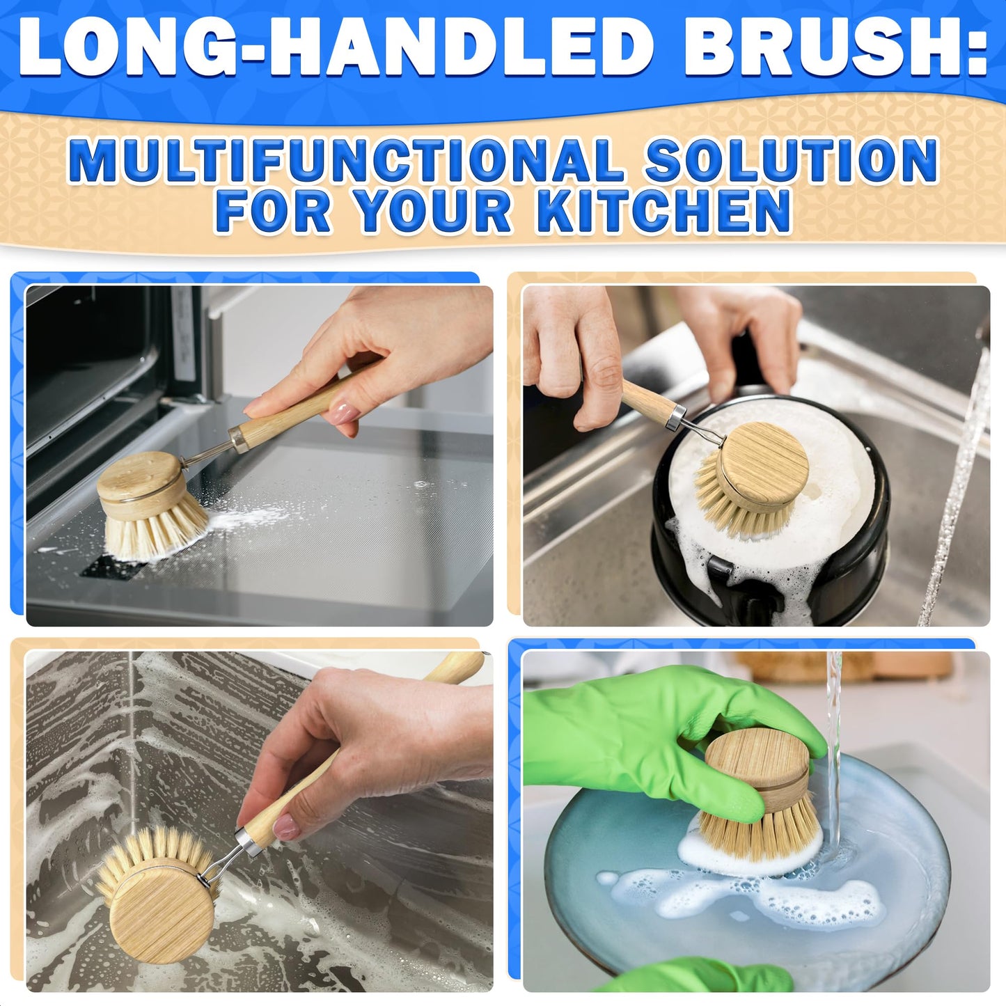 5 Pcs Bamboo Dish Brush Set – Bamboo Dish Scrubber with Soft & Stiff Non-Scratch Bristles, Ergonomic Handle, Replacement Head Included – Lightweight Kitchen Scrubber for Pots, Bottles & Vegetables