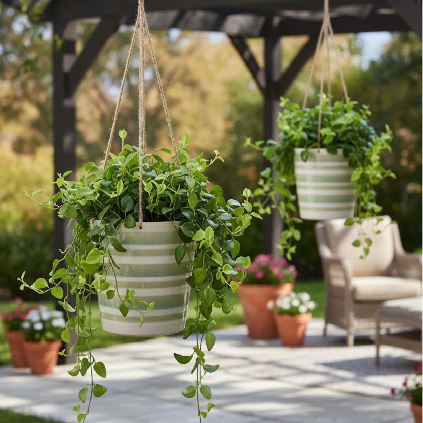 Blue Sky Ceramic Hanging Green Stripe 6.5'' Flower Pot, Multi Color